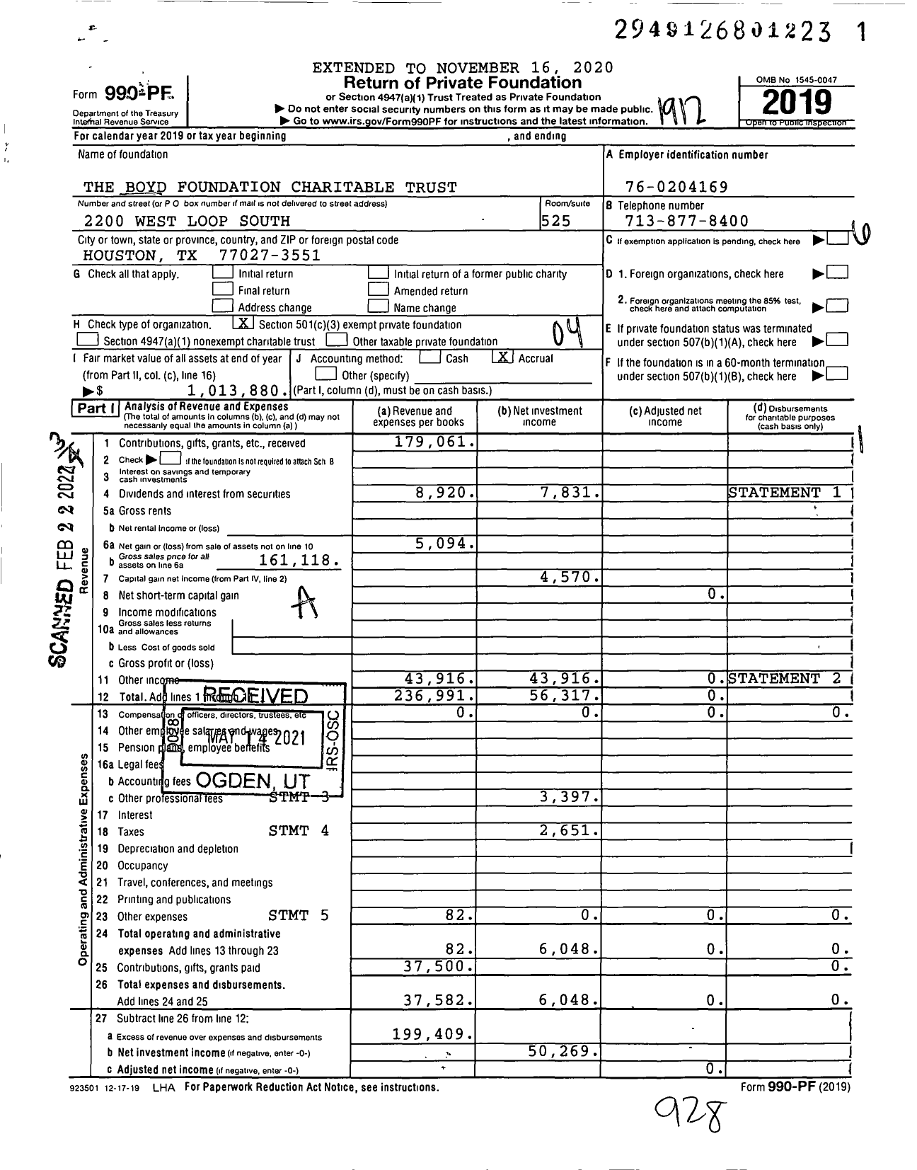 Image of first page of 2019 Form 990PF for The Boyd Foundation Charitable Trust