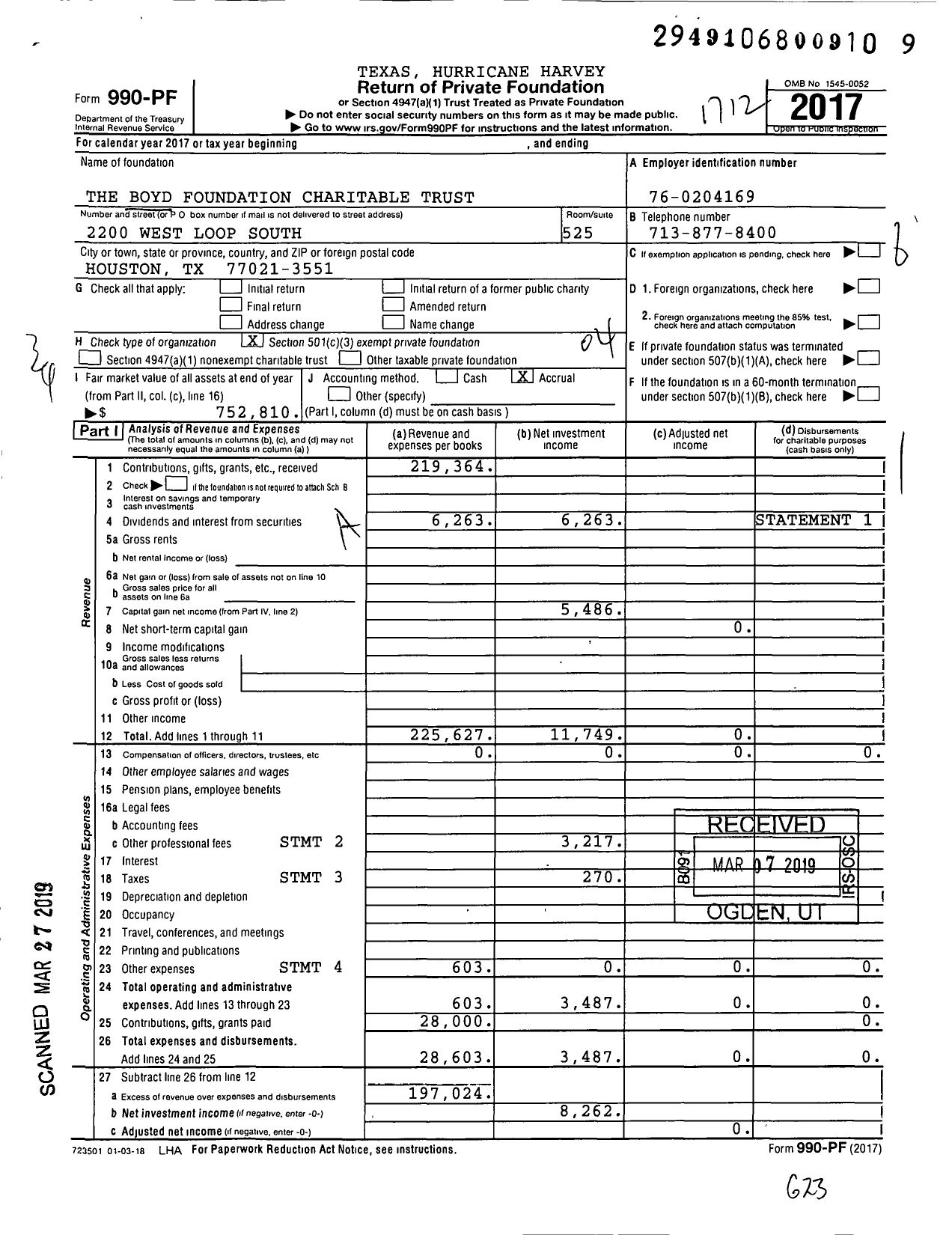 Image of first page of 2017 Form 990PF for The Boyd Foundation Charitable Trust