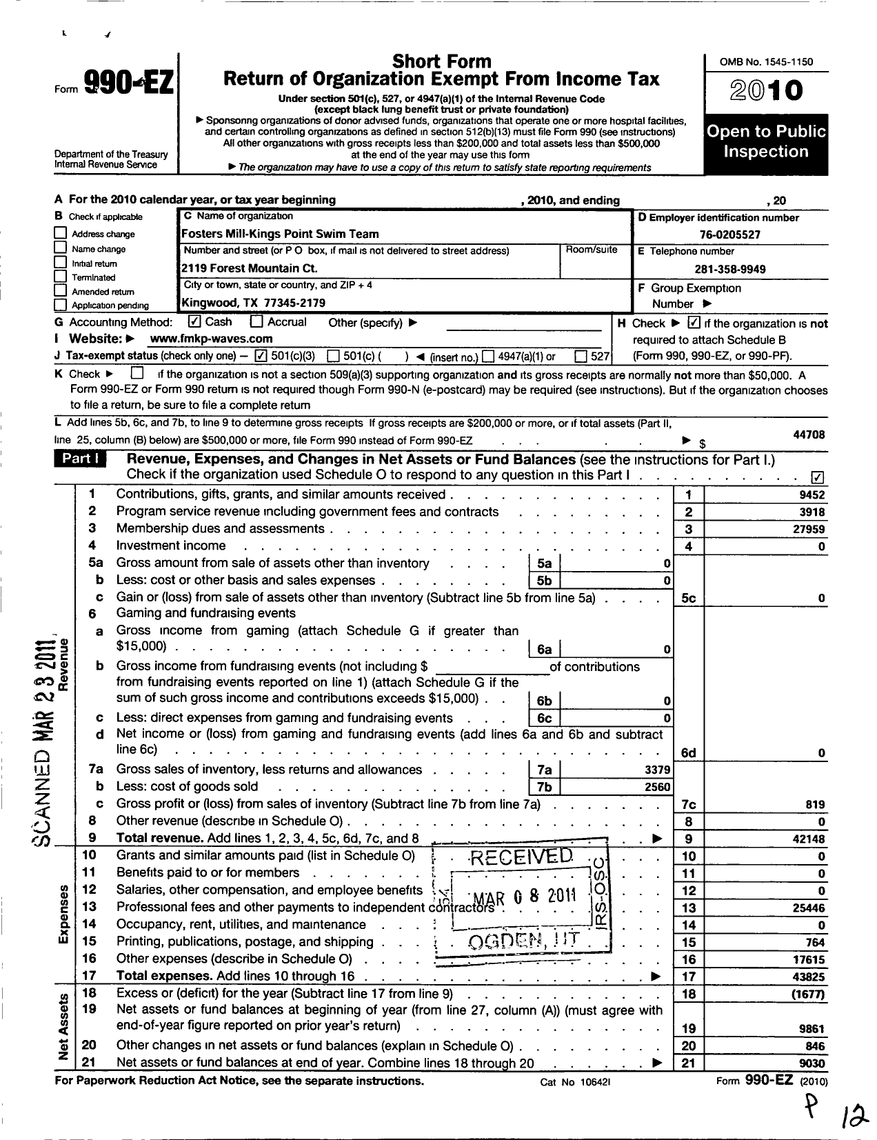 Image of first page of 2010 Form 990EZ for Fosters Mill-Kings Point Swim Team