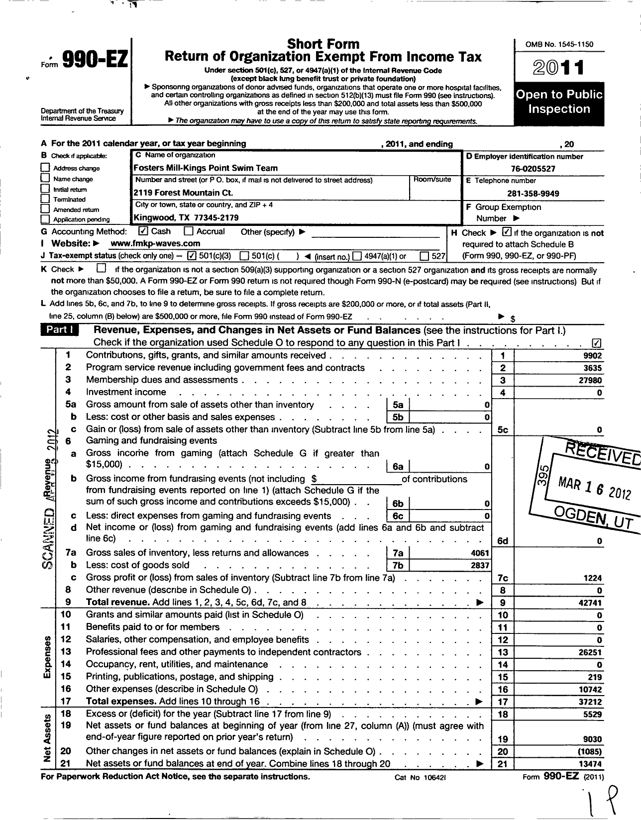 Image of first page of 2011 Form 990EZ for Fosters Mill-Kings Point Swim Team