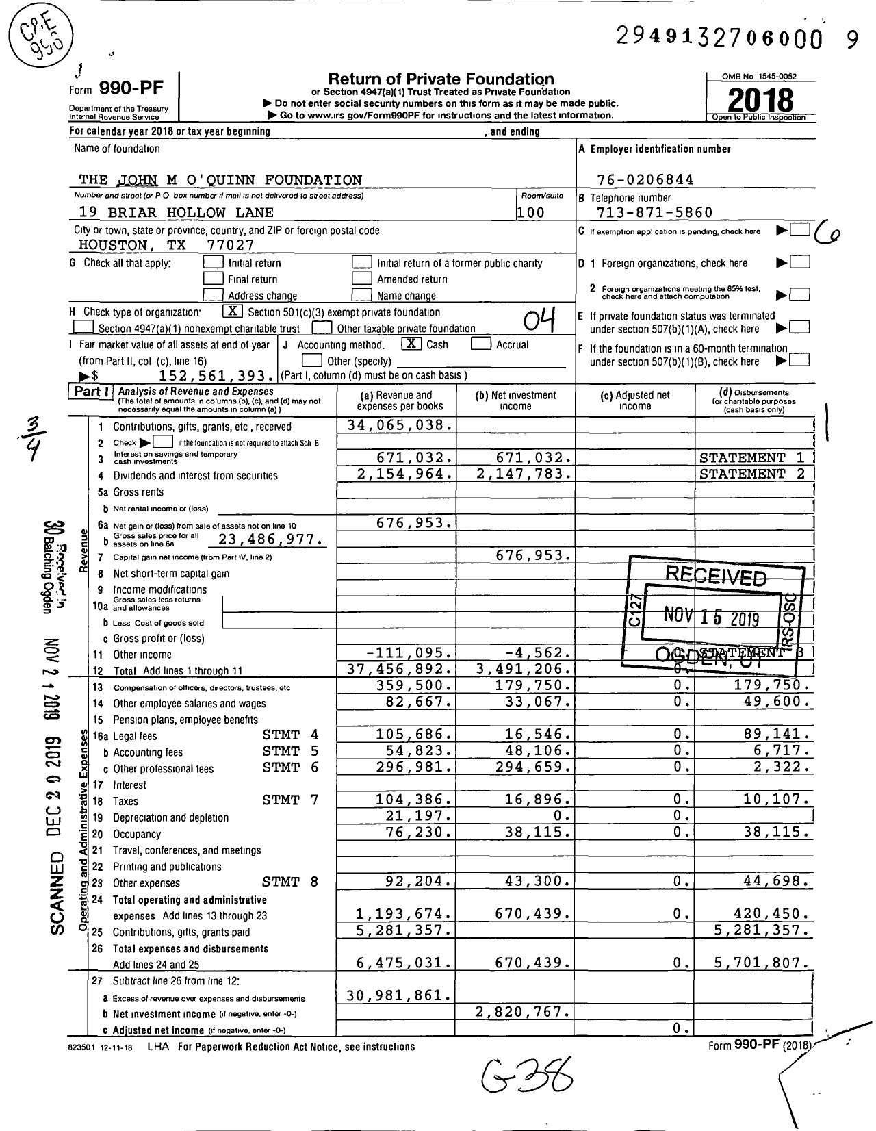 Image of first page of 2018 Form 990PF for John M. Oquinn Foundation