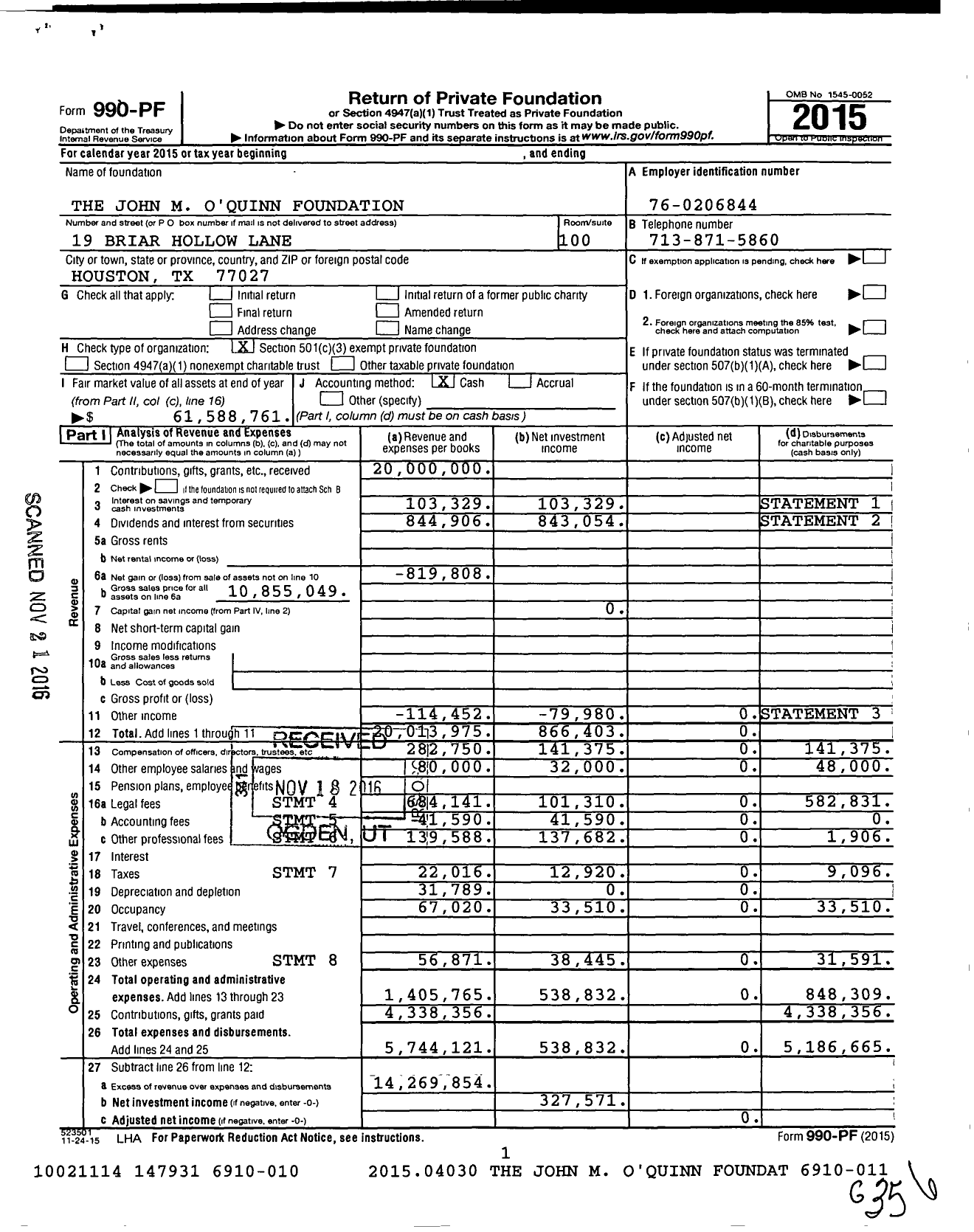 Image of first page of 2015 Form 990PF for John M. Oquinn Foundation