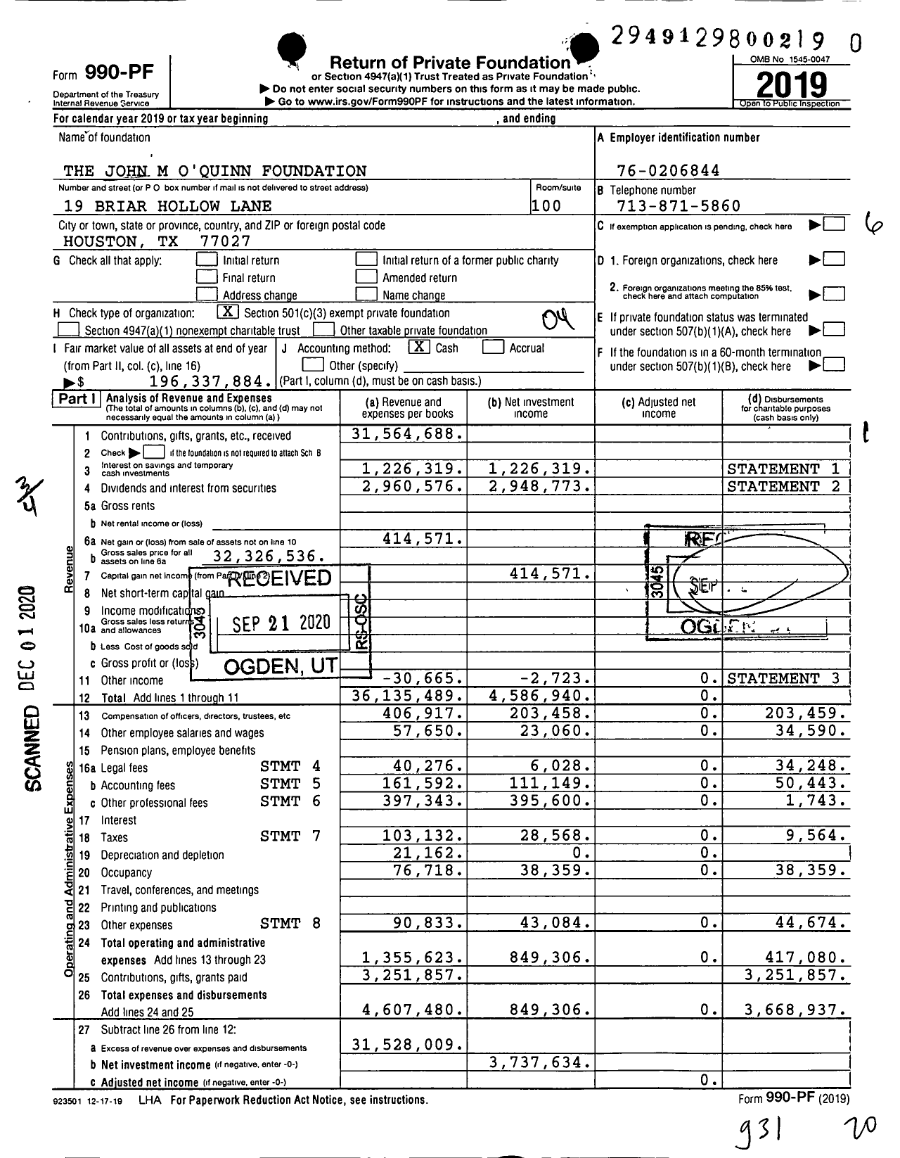 Image of first page of 2019 Form 990PF for John M. Oquinn Foundation