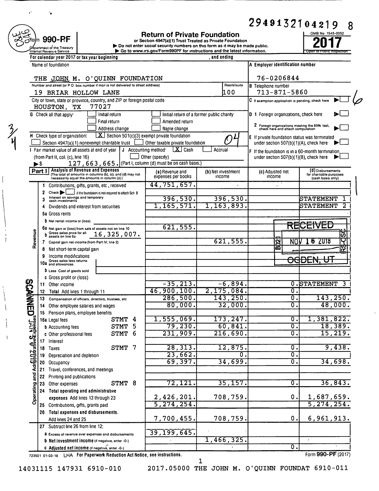 Image of first page of 2017 Form 990PF for John M. Oquinn Foundation