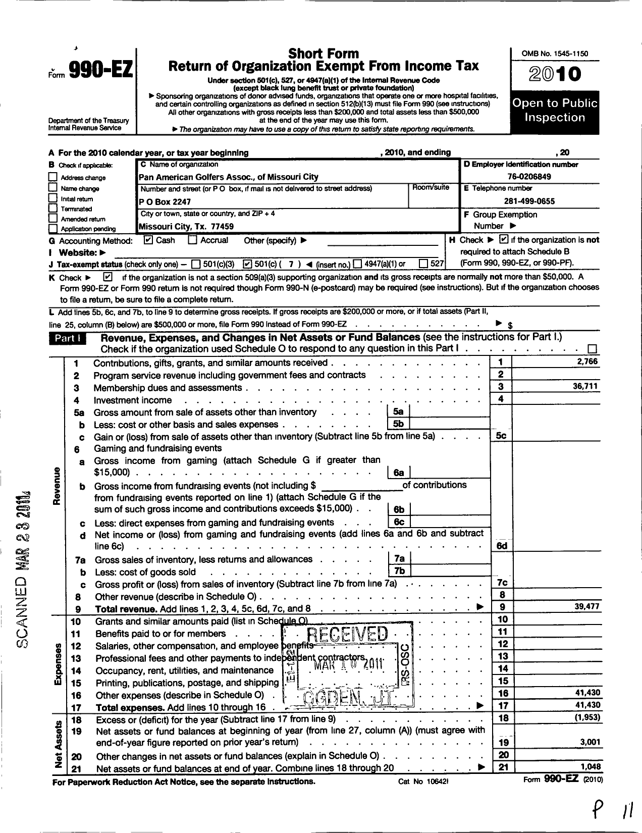 Image of first page of 2010 Form 990EO for Pan American Golfers Association of Missouri City