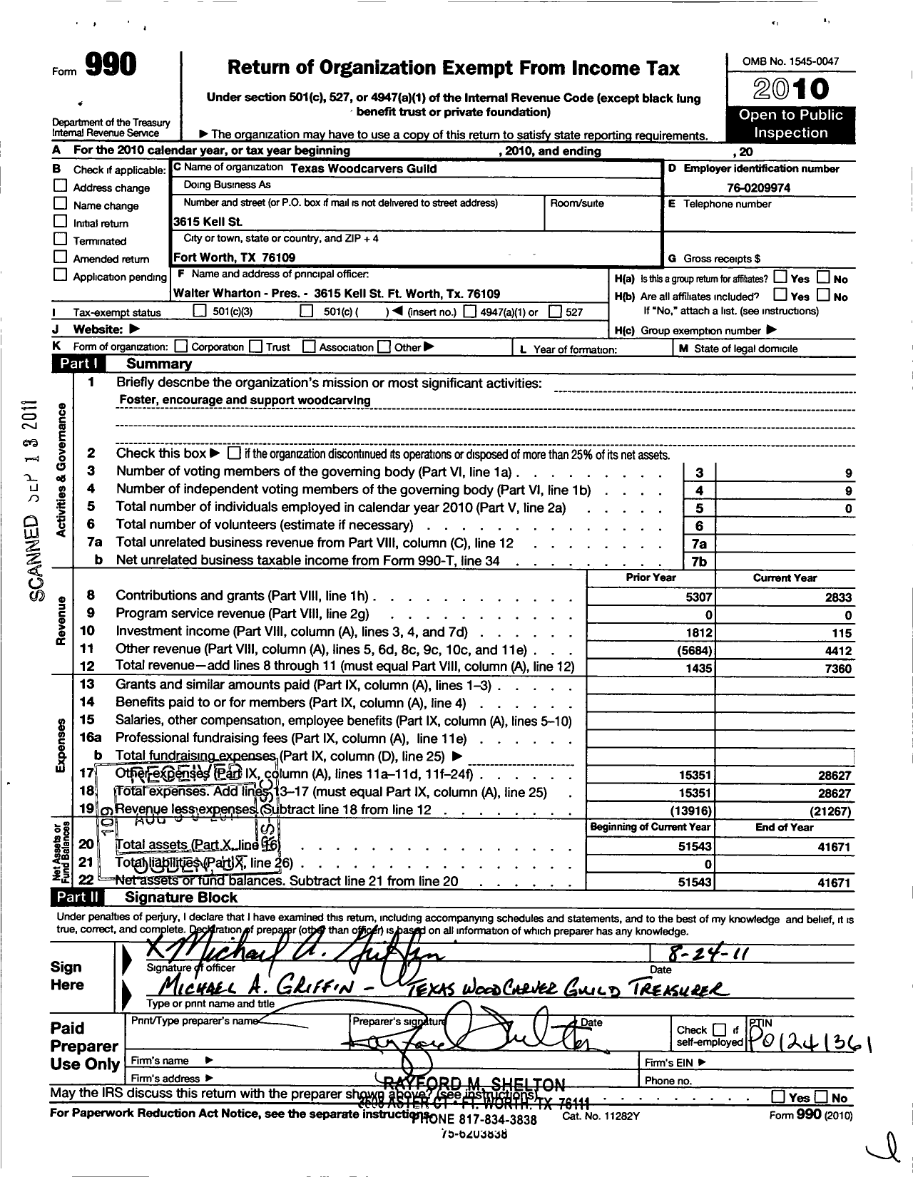 Image of first page of 2010 Form 990O for Texas Woodcarvers Guild