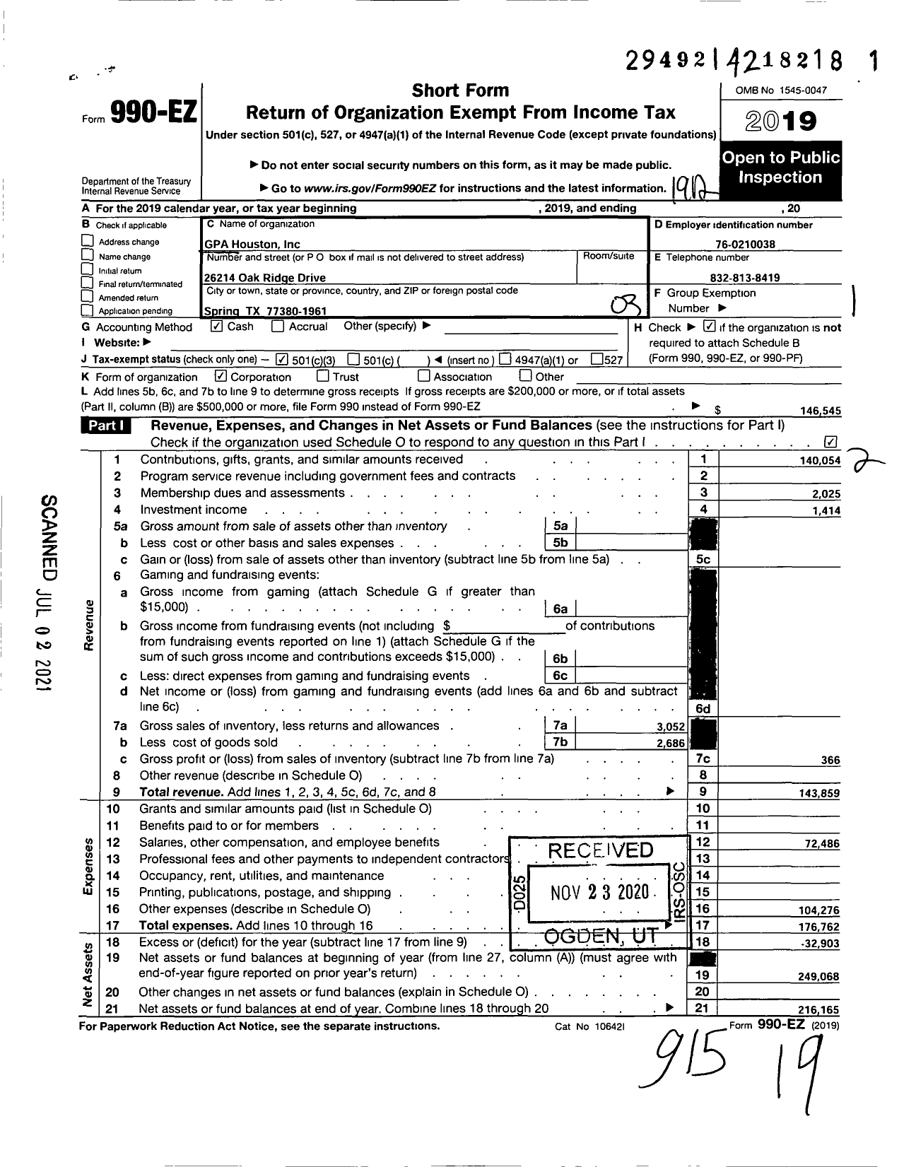 Image of first page of 2019 Form 990EZ for GPA Houston