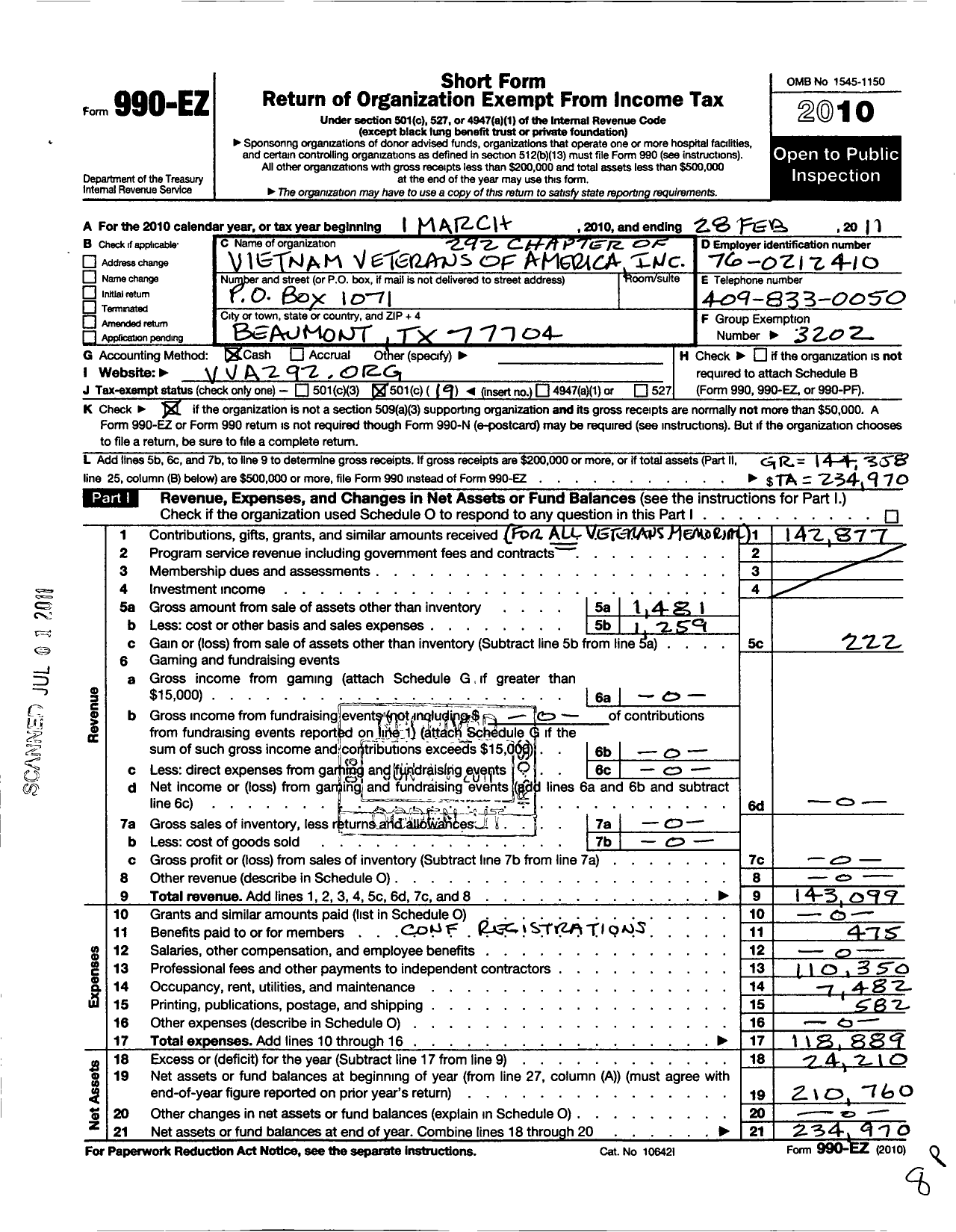 Image of first page of 2010 Form 990EO for Vietnam Veterans of America - 292 Chapter