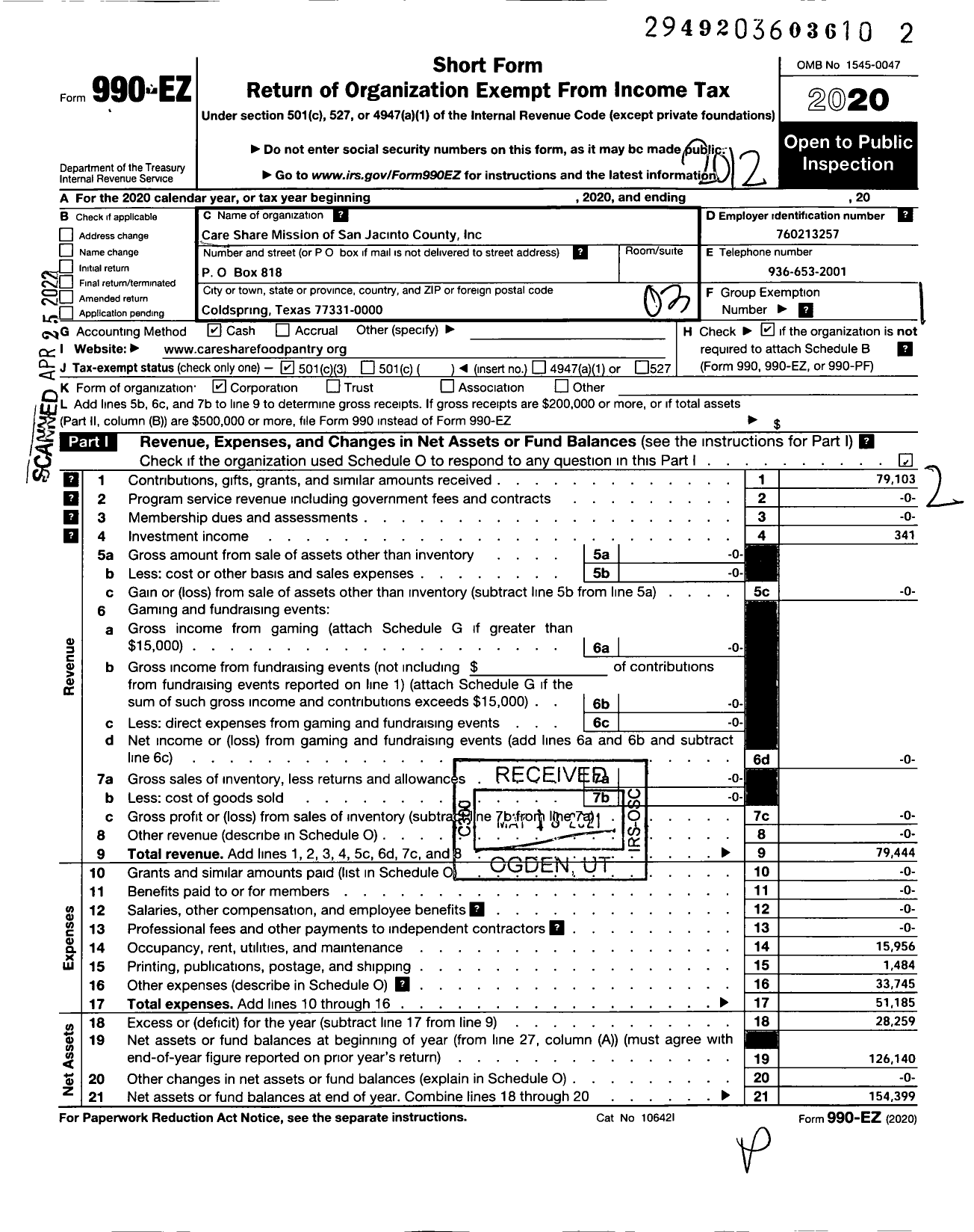 Image of first page of 2020 Form 990EZ for Care Share Mission of San Jacinto County