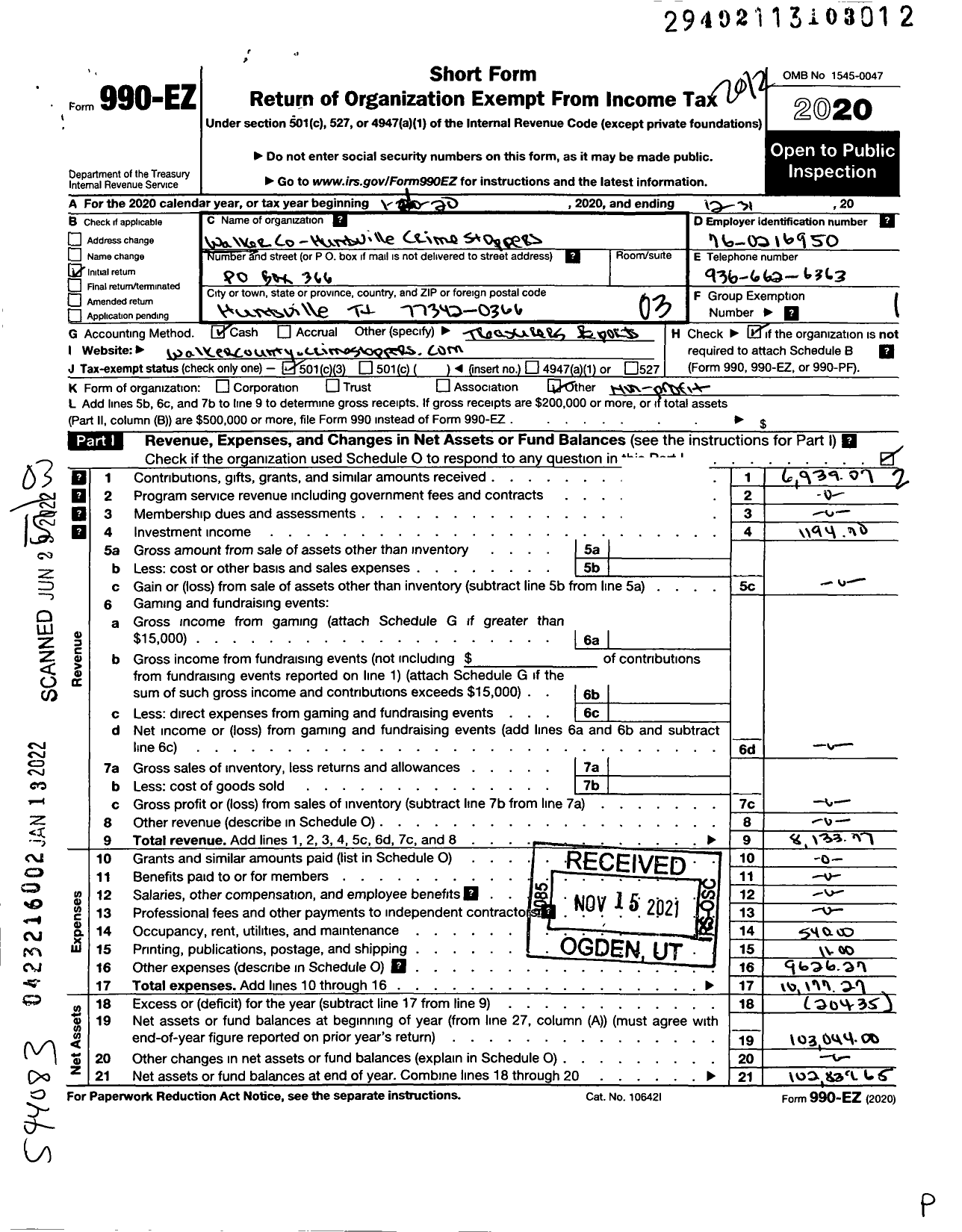 Image of first page of 2020 Form 990EZ for Walker County and Huntsville Crime Stoppers