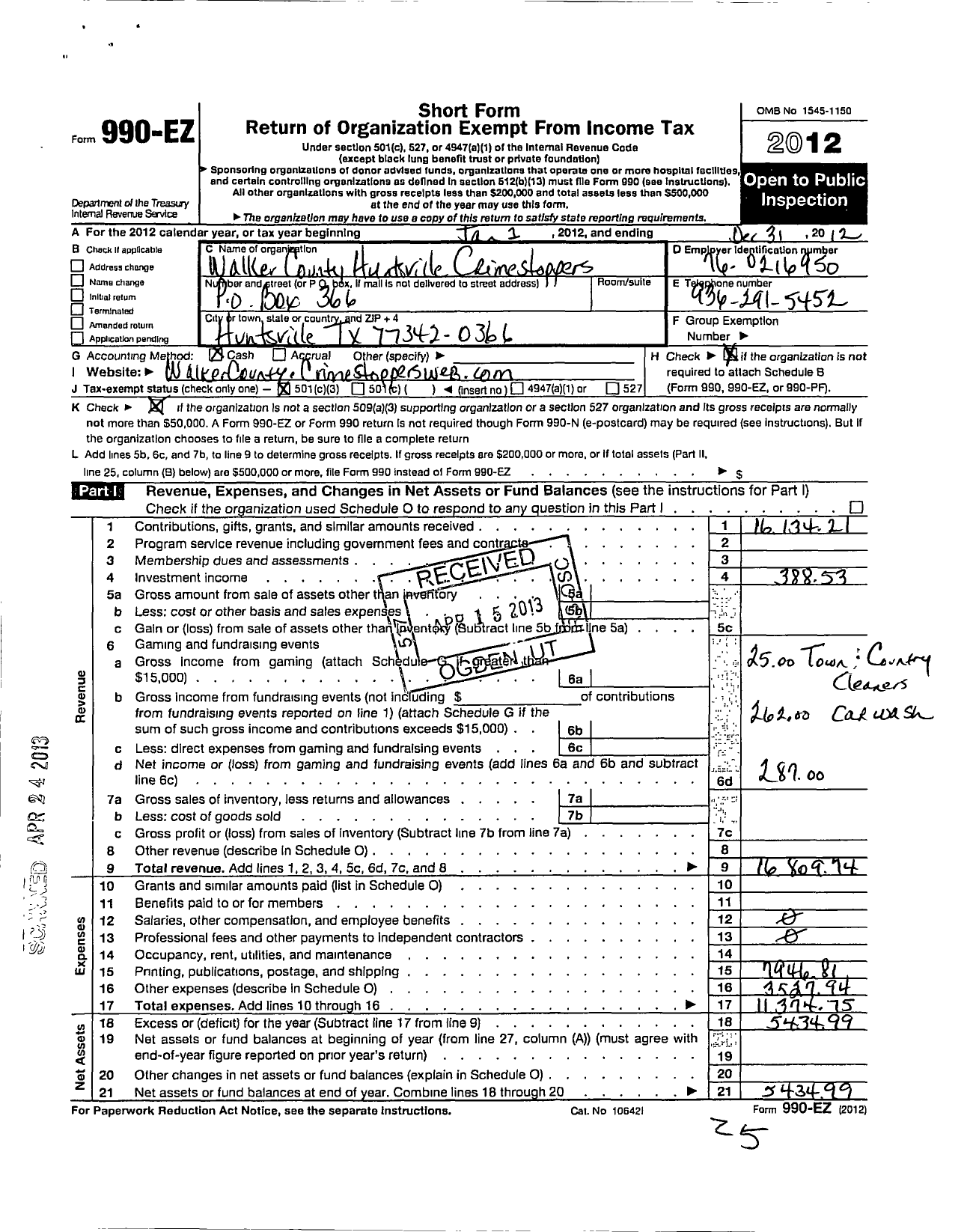 Image of first page of 2012 Form 990EZ for Walker County and Huntsville Crime Stoppers