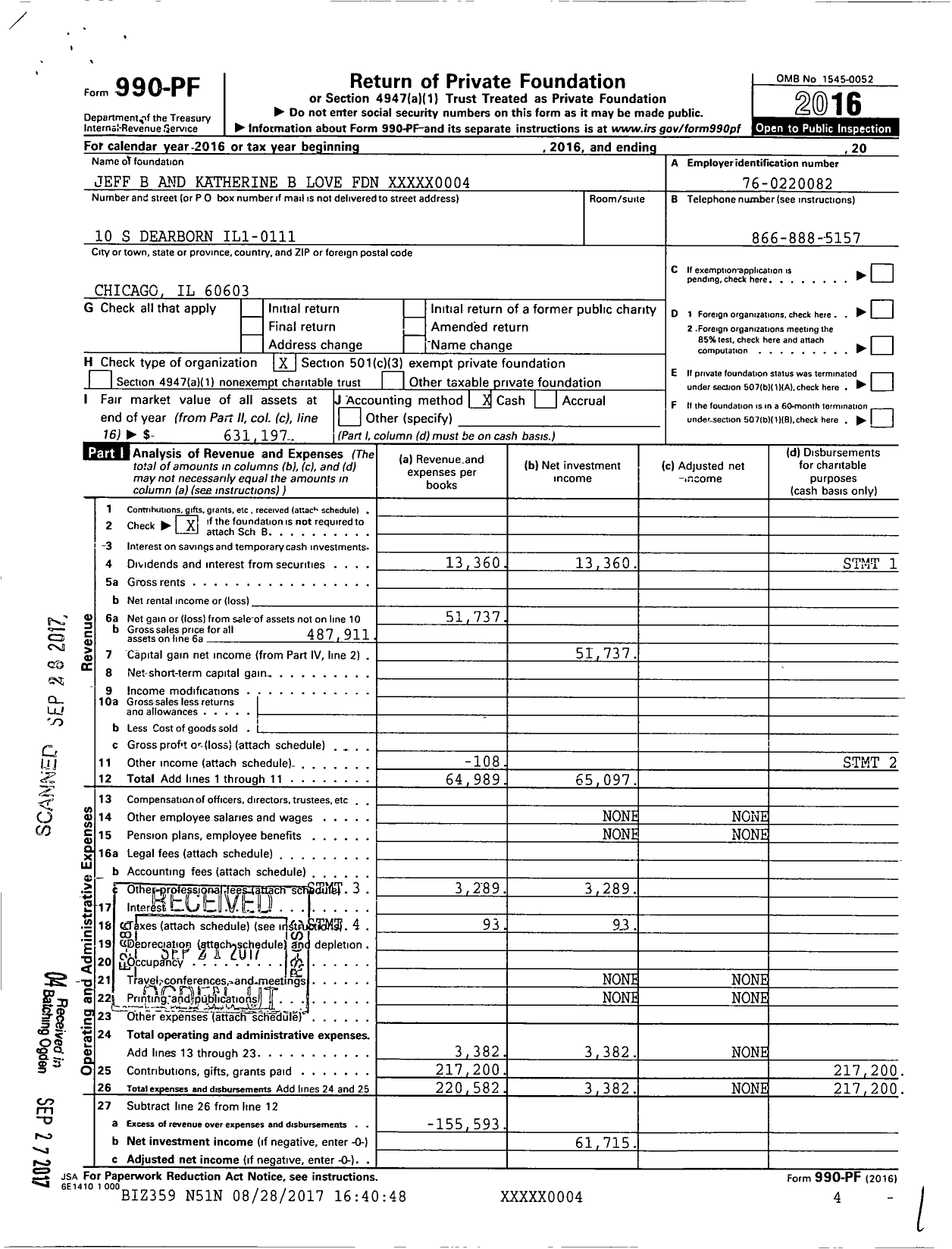 Image of first page of 2016 Form 990PF for Jeff B and Katherine B Love Foundation