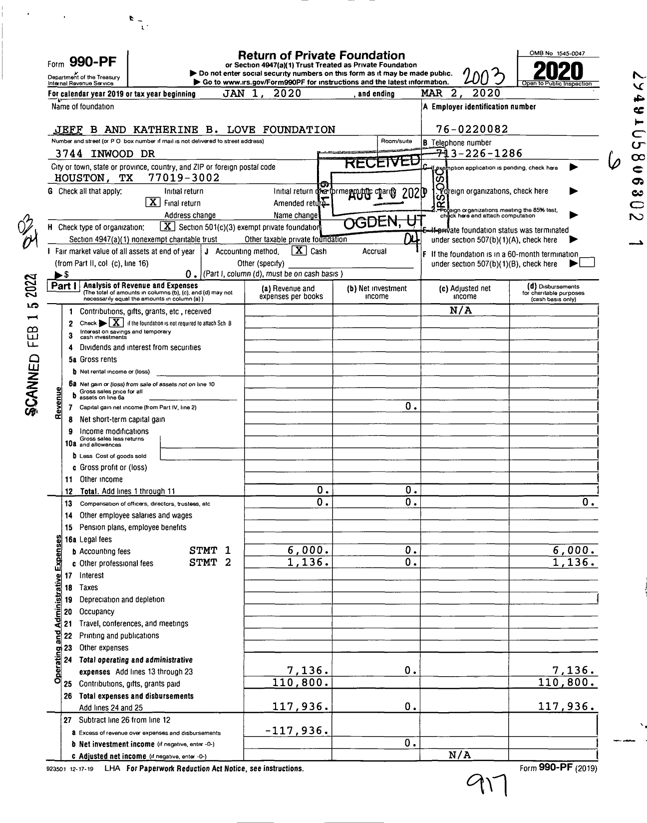 Image of first page of 2019 Form 990PF for Jeff B and Katherine B Love Foundation