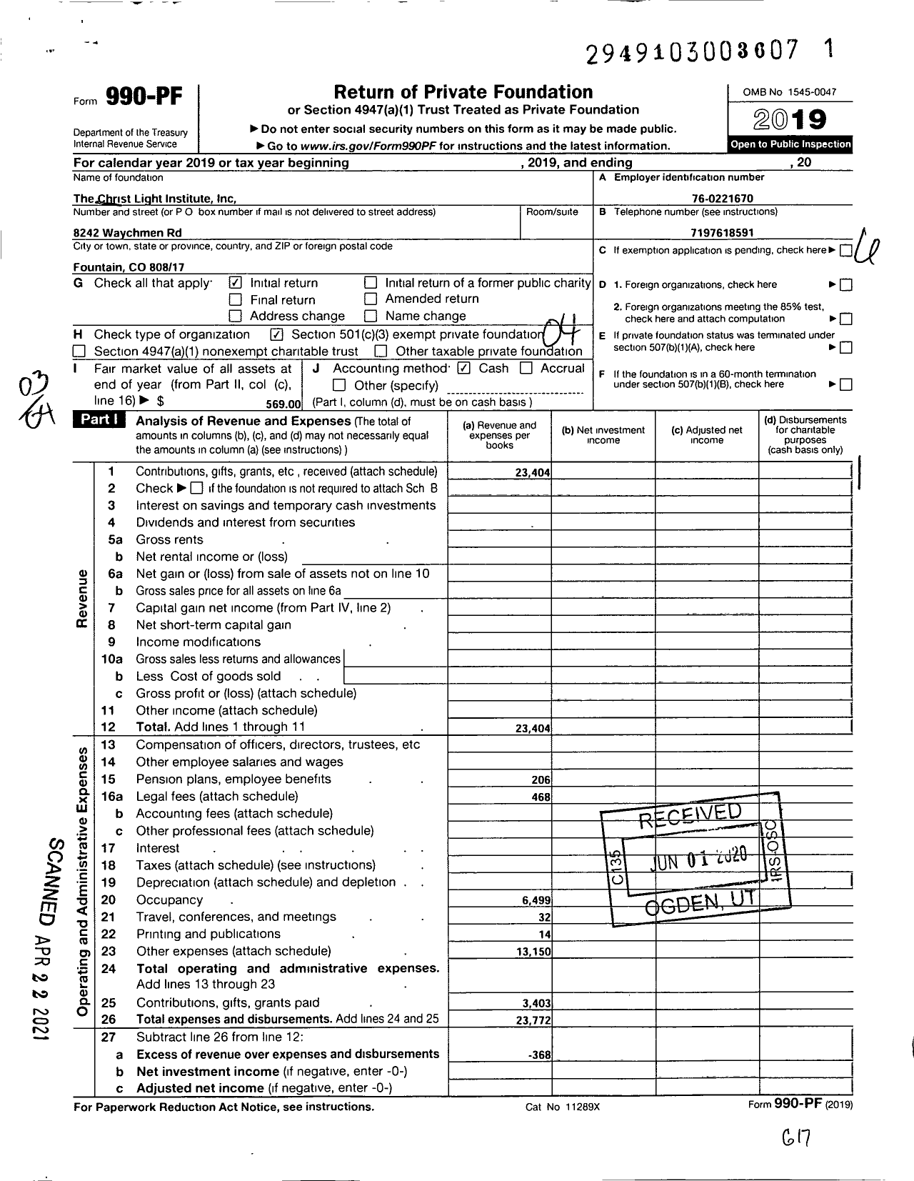 Image of first page of 2019 Form 990PF for Christ Light Institute