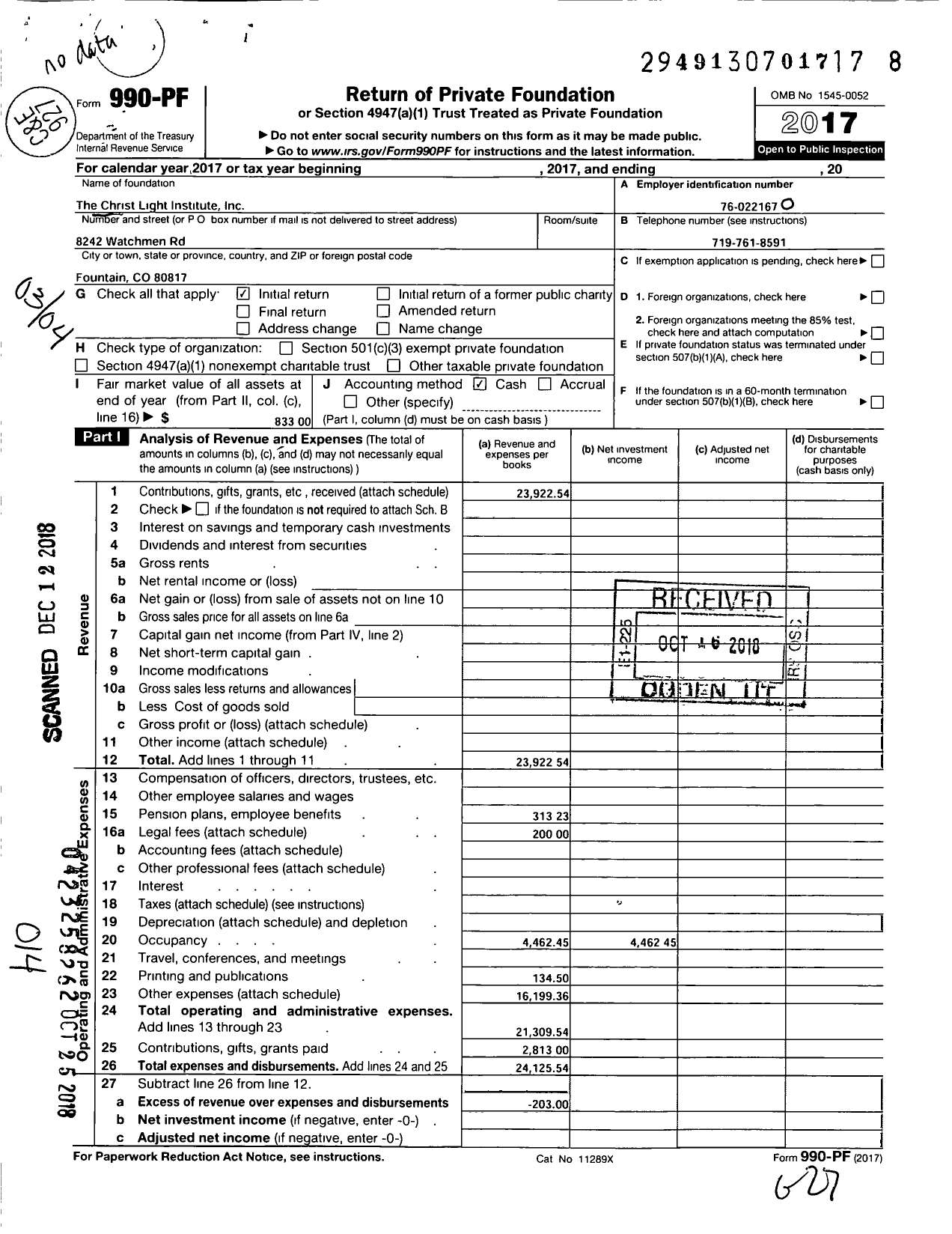 Image of first page of 2017 Form 990PF for Christ Light Institute