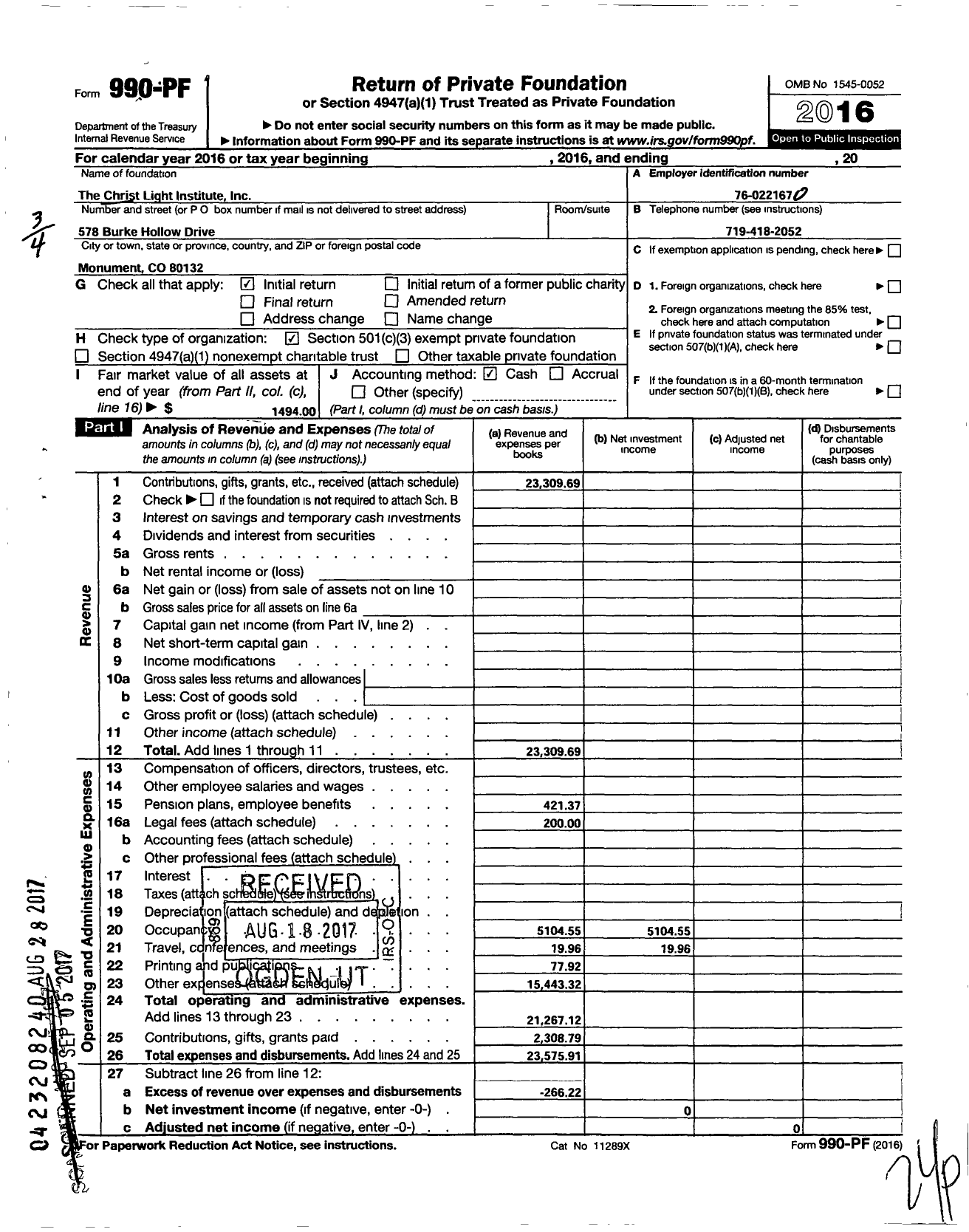 Image of first page of 2016 Form 990PF for Christ Light Institute