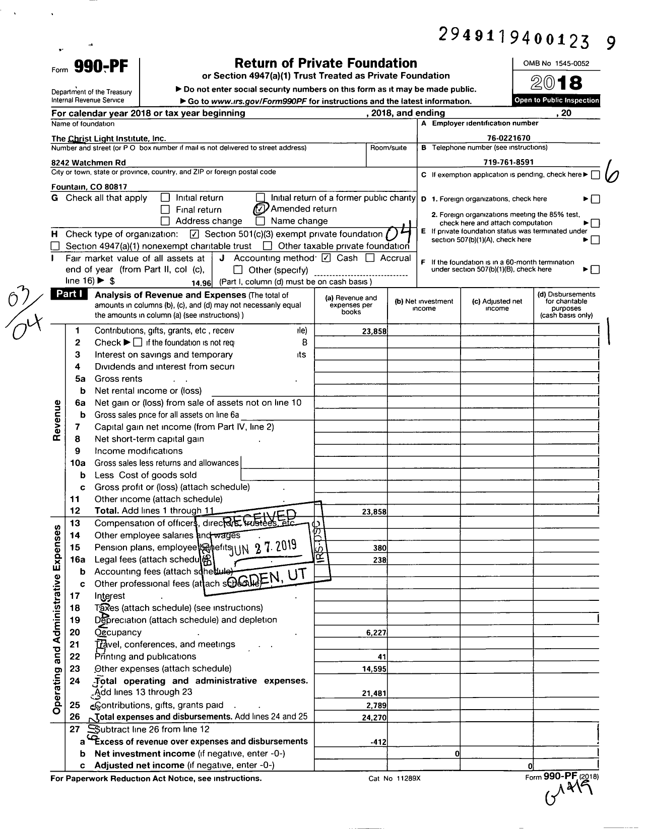 Image of first page of 2018 Form 990PF for Christ Light Institute