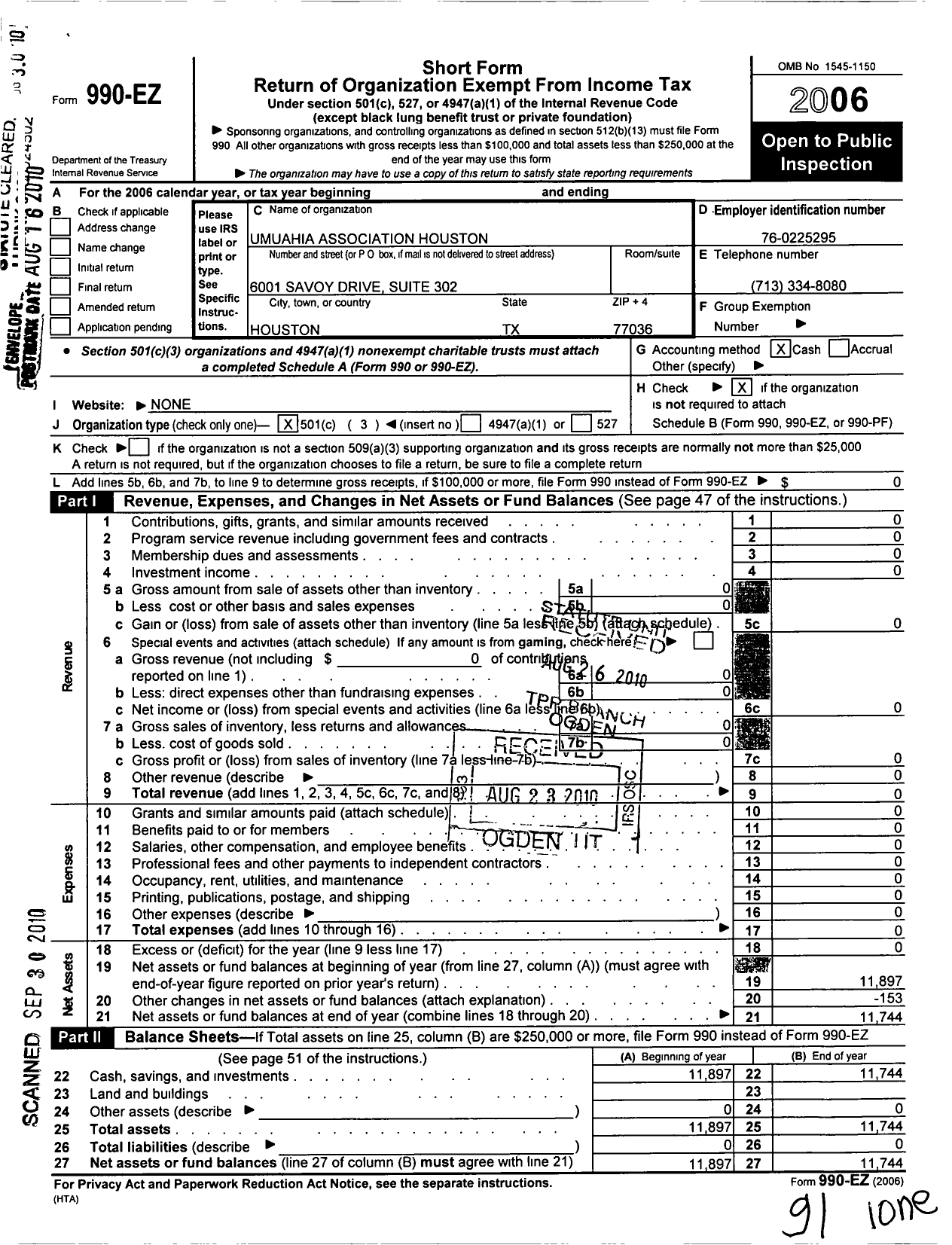 Image of first page of 2006 Form 990EZ for Umuahia Association Houston Texas