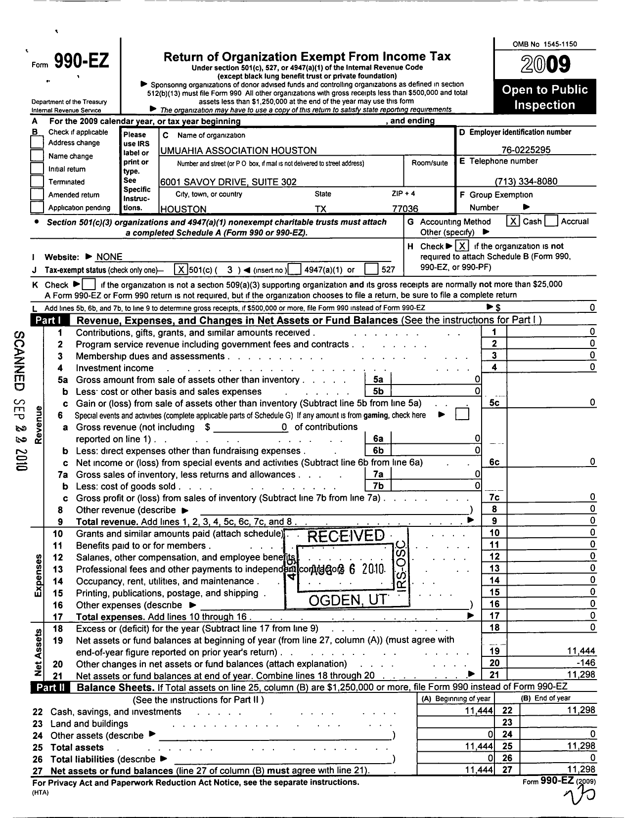 Image of first page of 2009 Form 990EZ for Umuahia Association Houston Texas