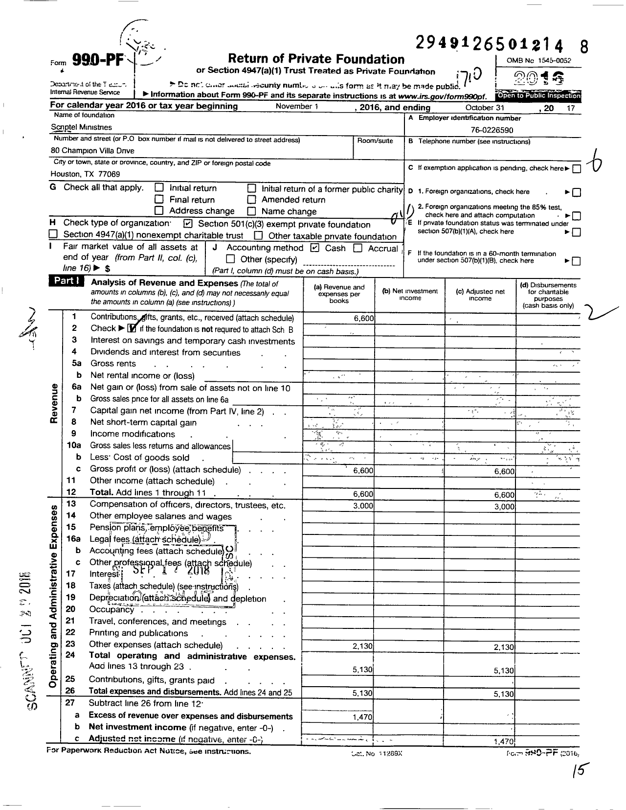 Image of first page of 2016 Form 990PF for Scriptel Ministries