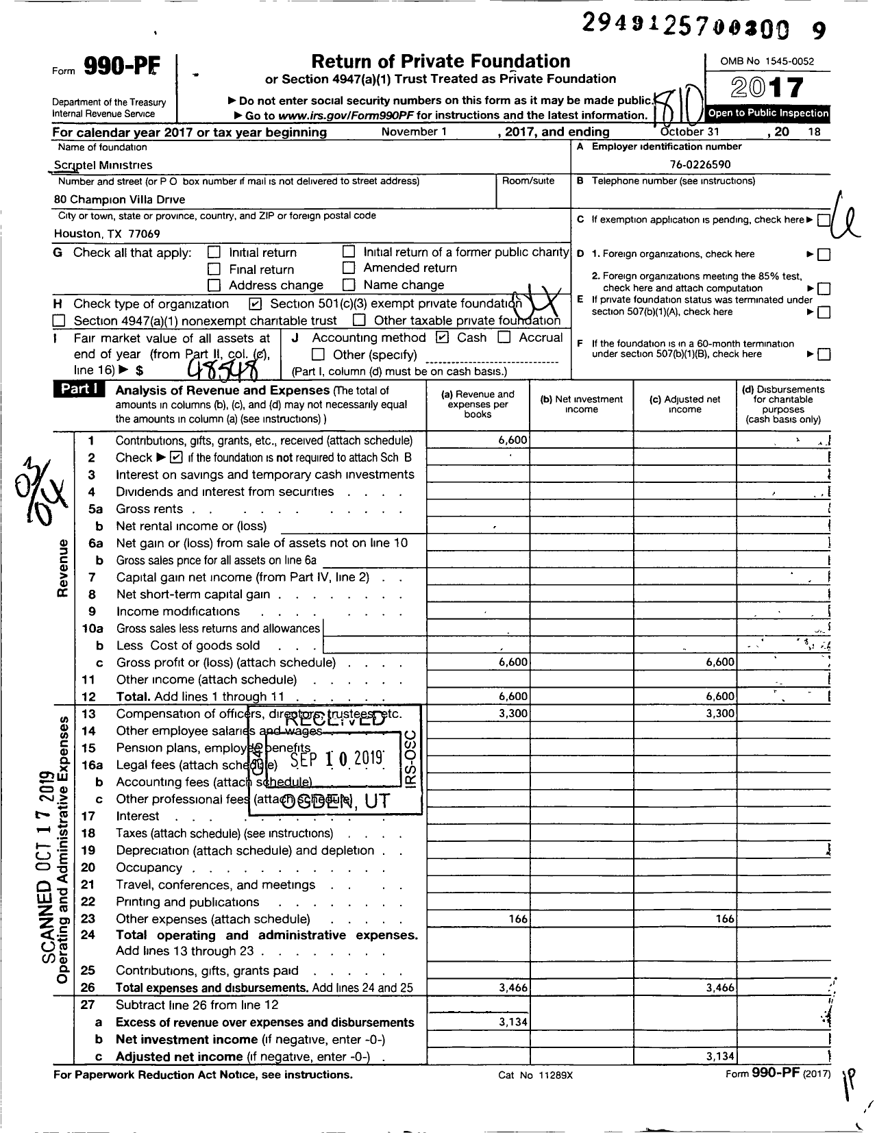 Image of first page of 2017 Form 990PF for Scriptel Ministries