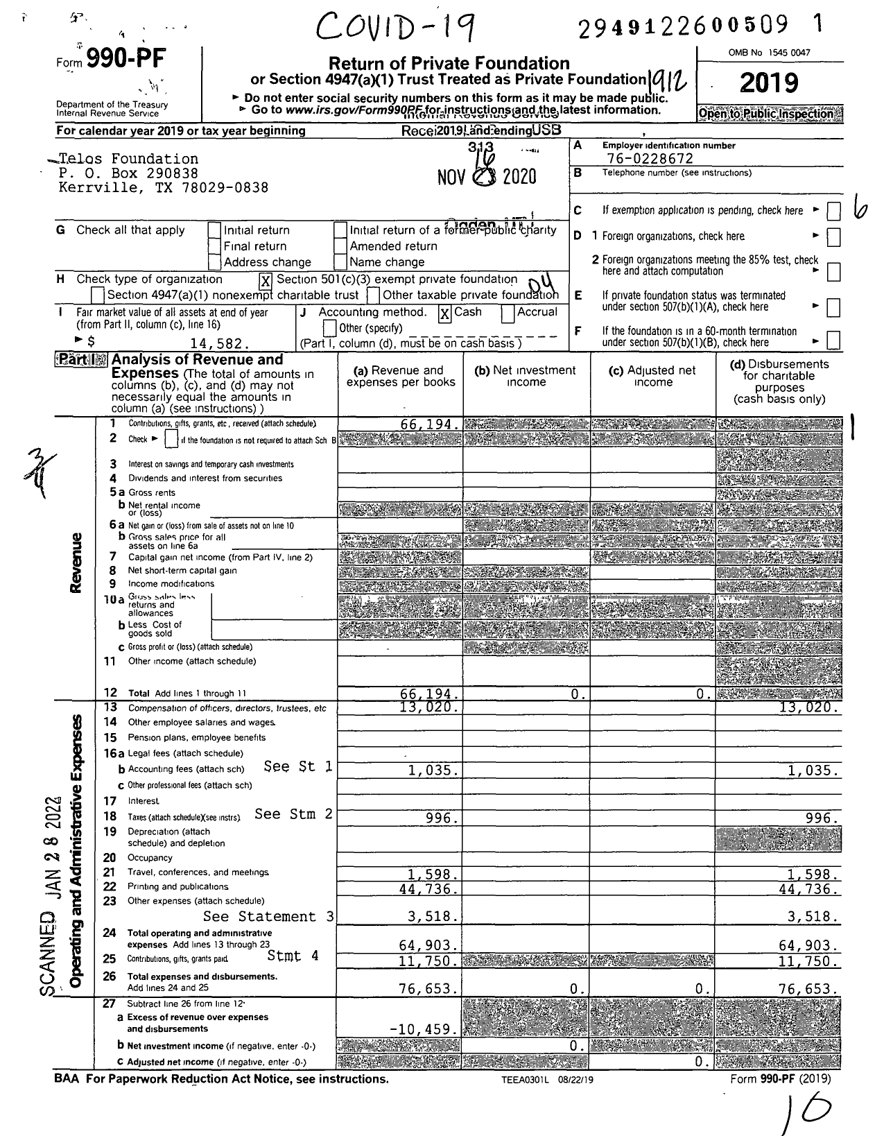 Image of first page of 2019 Form 990PF for Telos Foundation