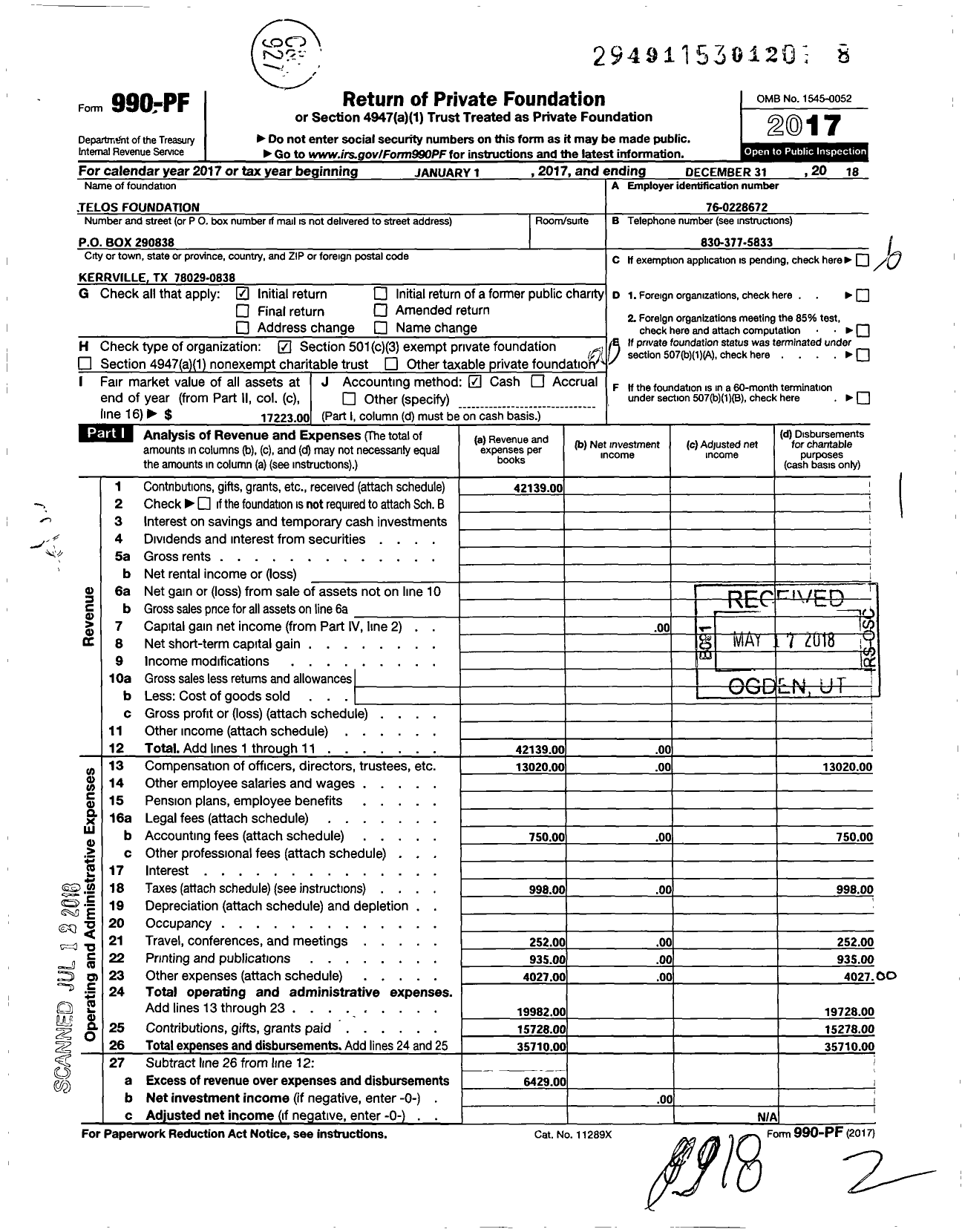 Image of first page of 2018 Form 990PF for Telos Foundation