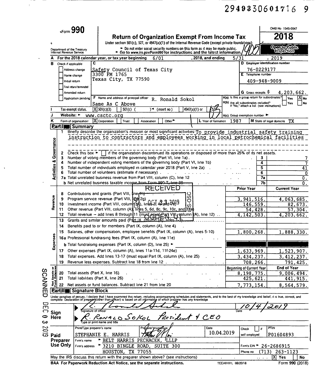 Image of first page of 2018 Form 990 for Safety Council of Texas City