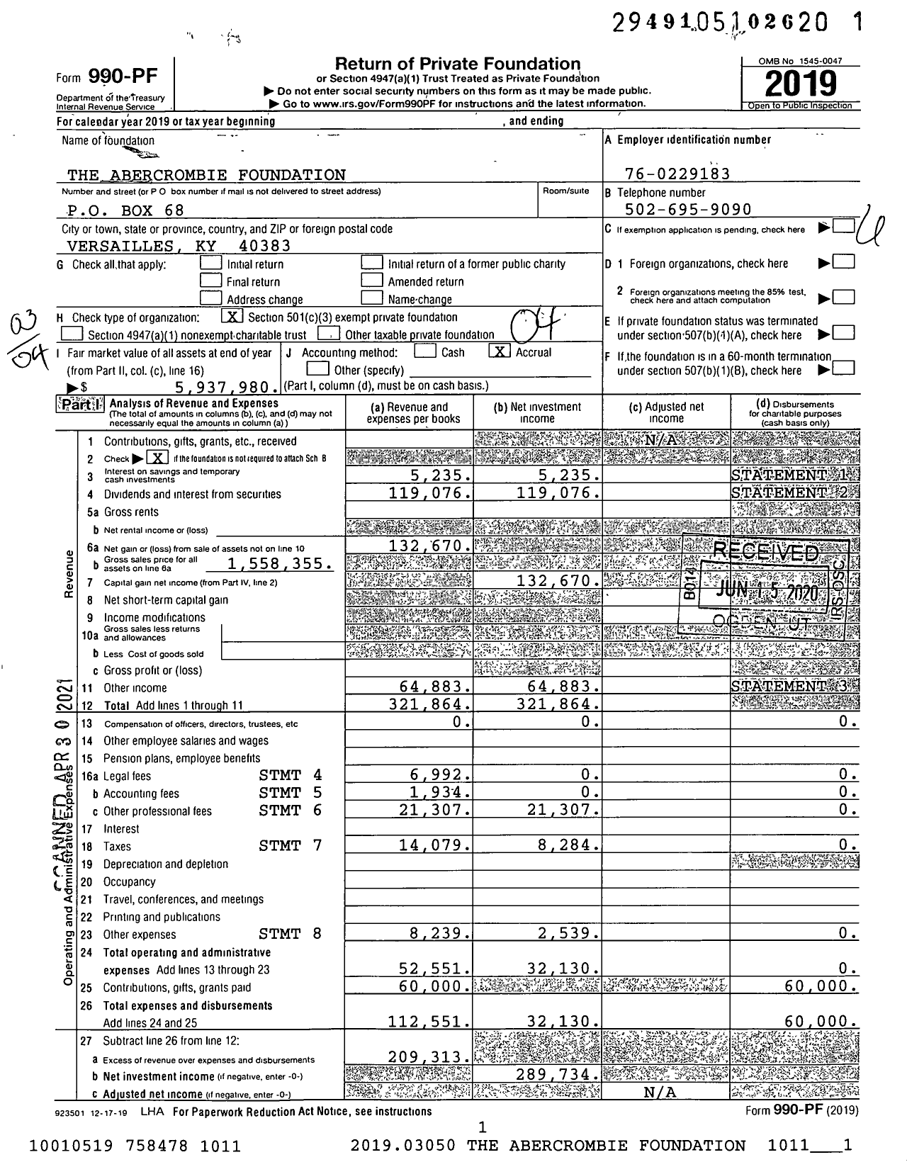 Image of first page of 2019 Form 990PF for Abercrombie Foundation