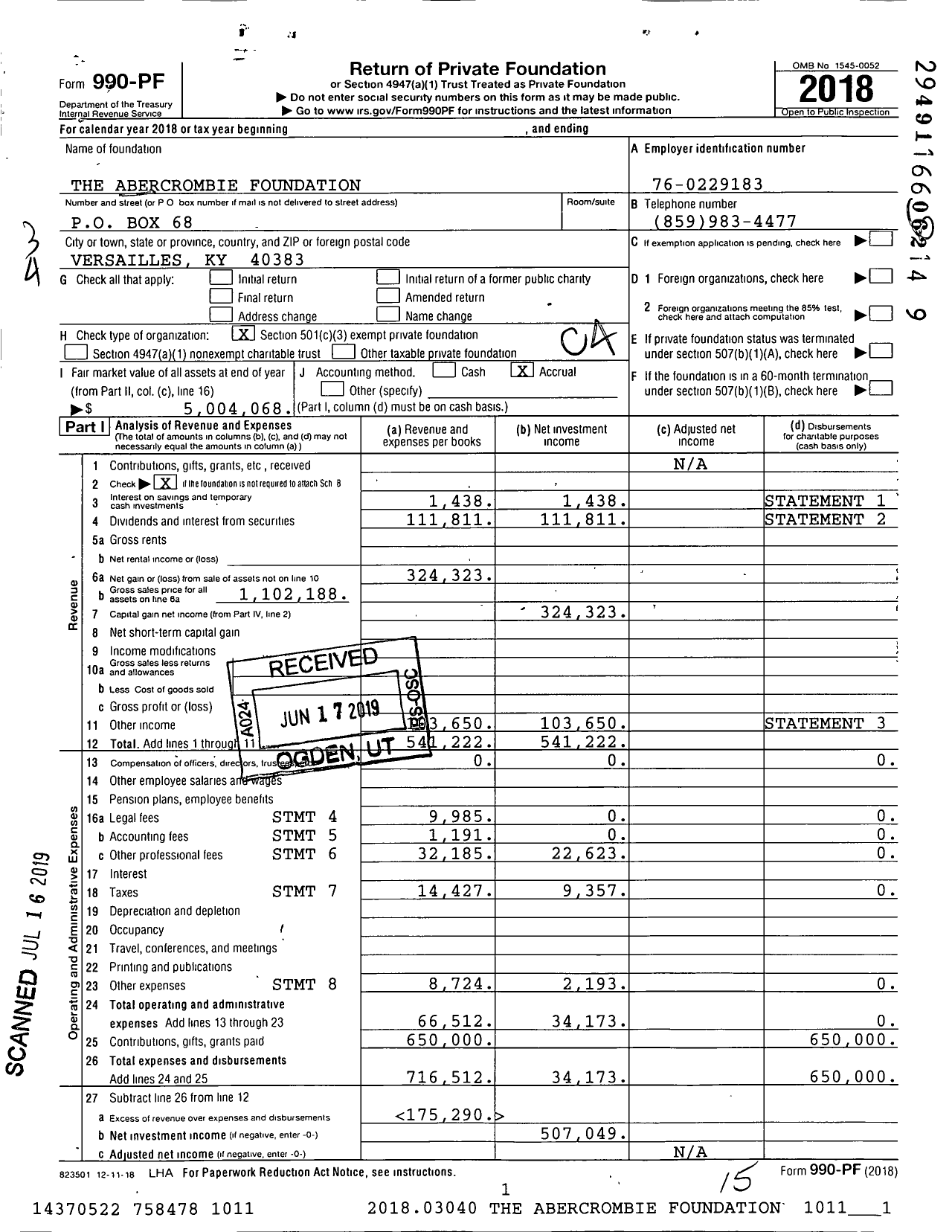 Image of first page of 2018 Form 990PF for Abercrombie Foundation