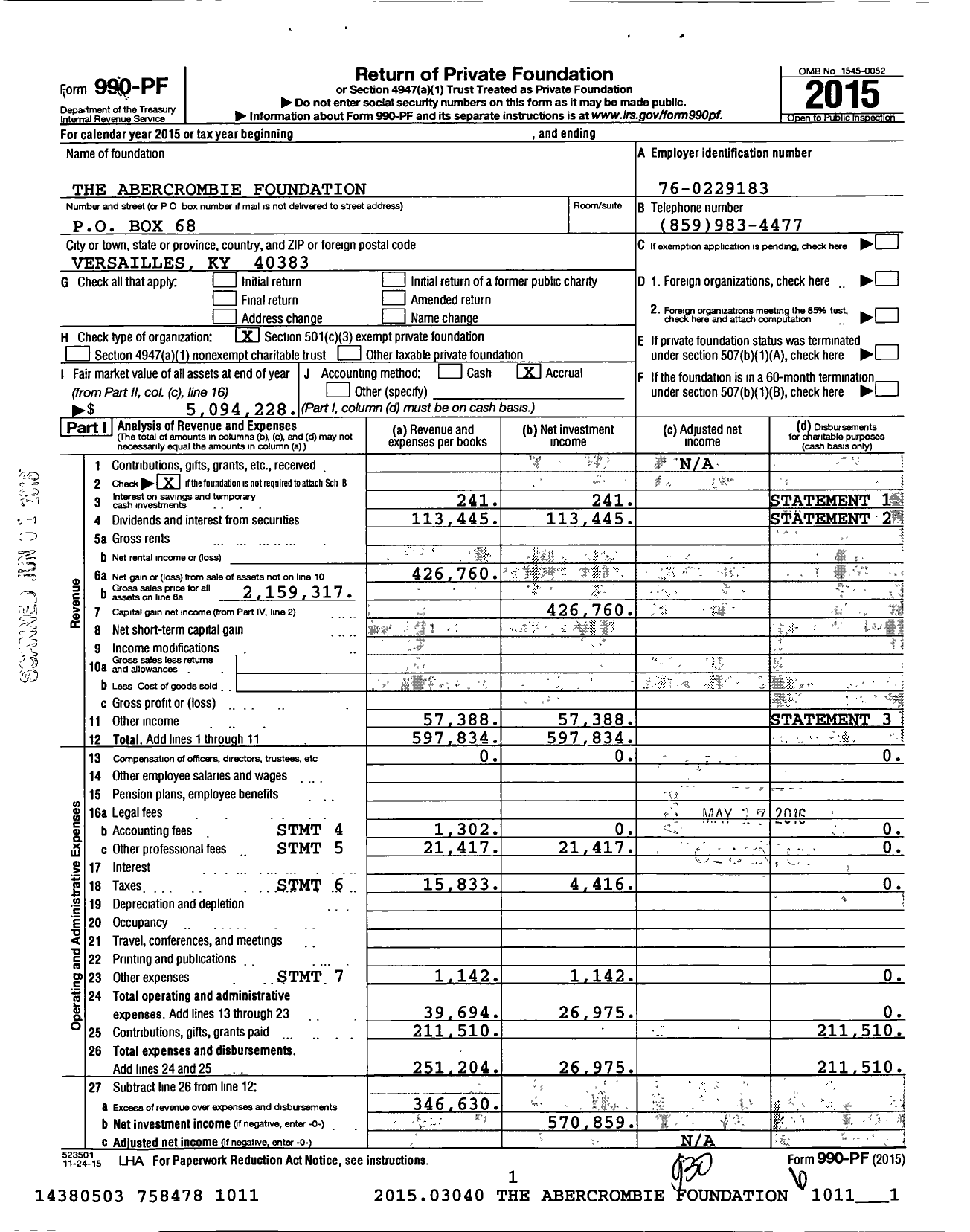 Image of first page of 2015 Form 990PF for Abercrombie Foundation