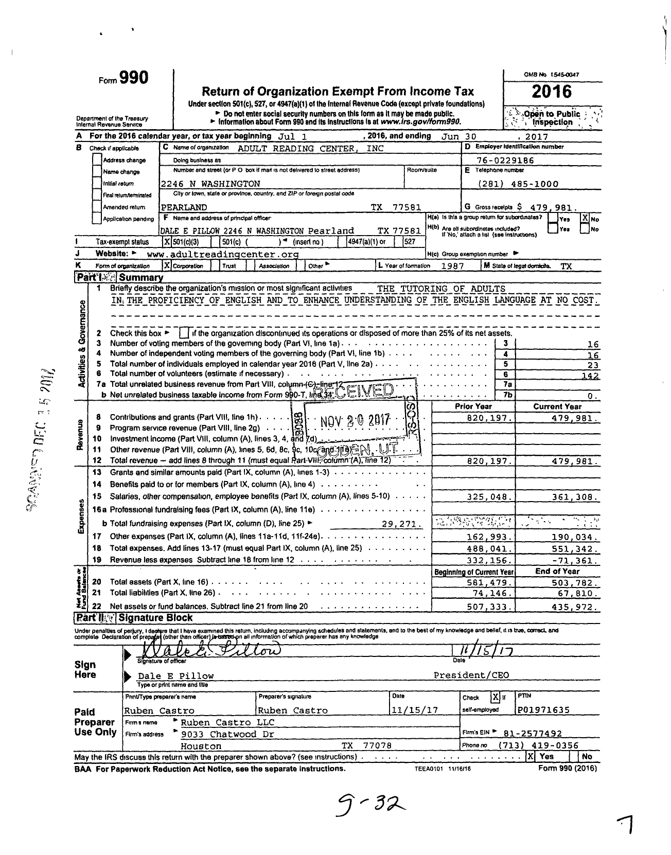 Image of first page of 2016 Form 990 for Adult Education Center / Adult Reading Center Inc
