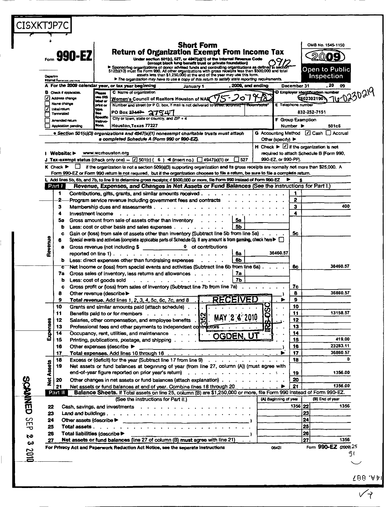 Image of first page of 2009 Form 990EO for Women's Council of Realtors Houston Chapter