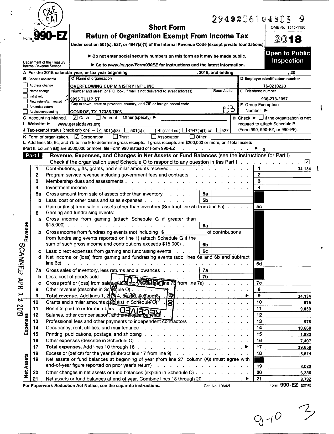 Image of first page of 2018 Form 990EZ for Overflowing Cup Ministries