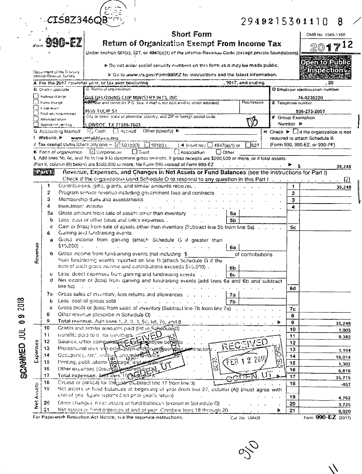 Image of first page of 2017 Form 990EZ for Overflowing Cup Ministries