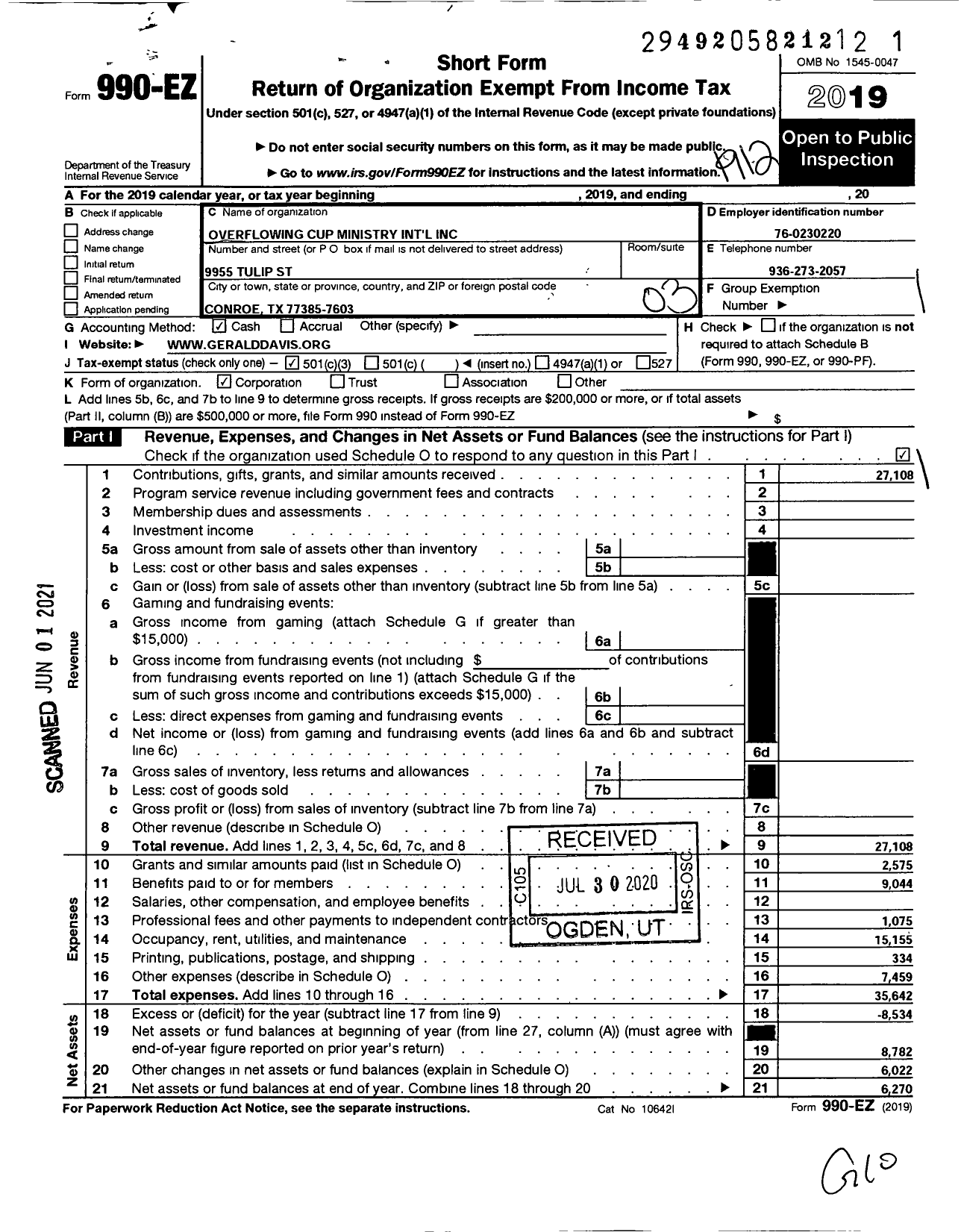 Image of first page of 2019 Form 990EZ for Overflowing Cup Ministries