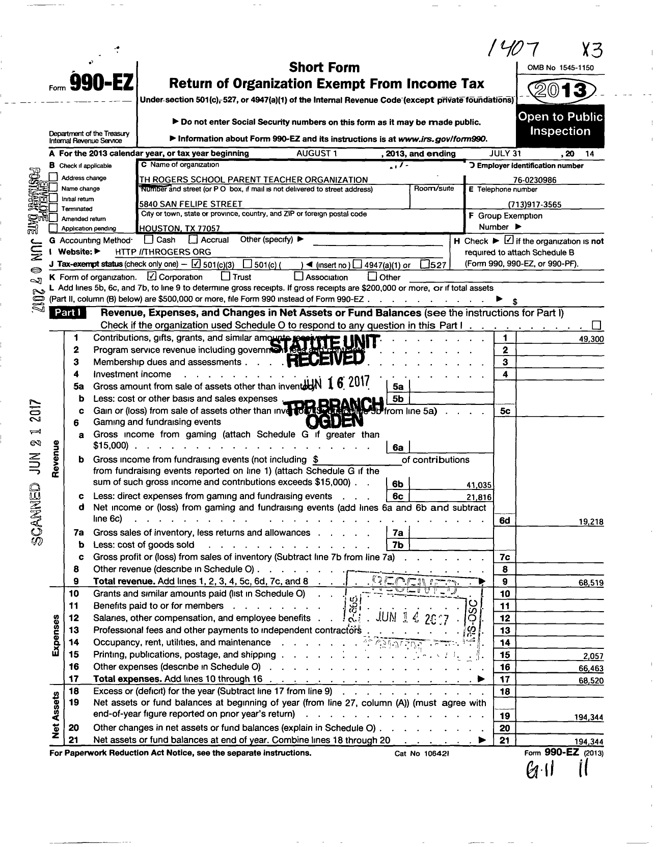Image of first page of 2013 Form 990EZ for T H Rogers School Parent Teacher Organization