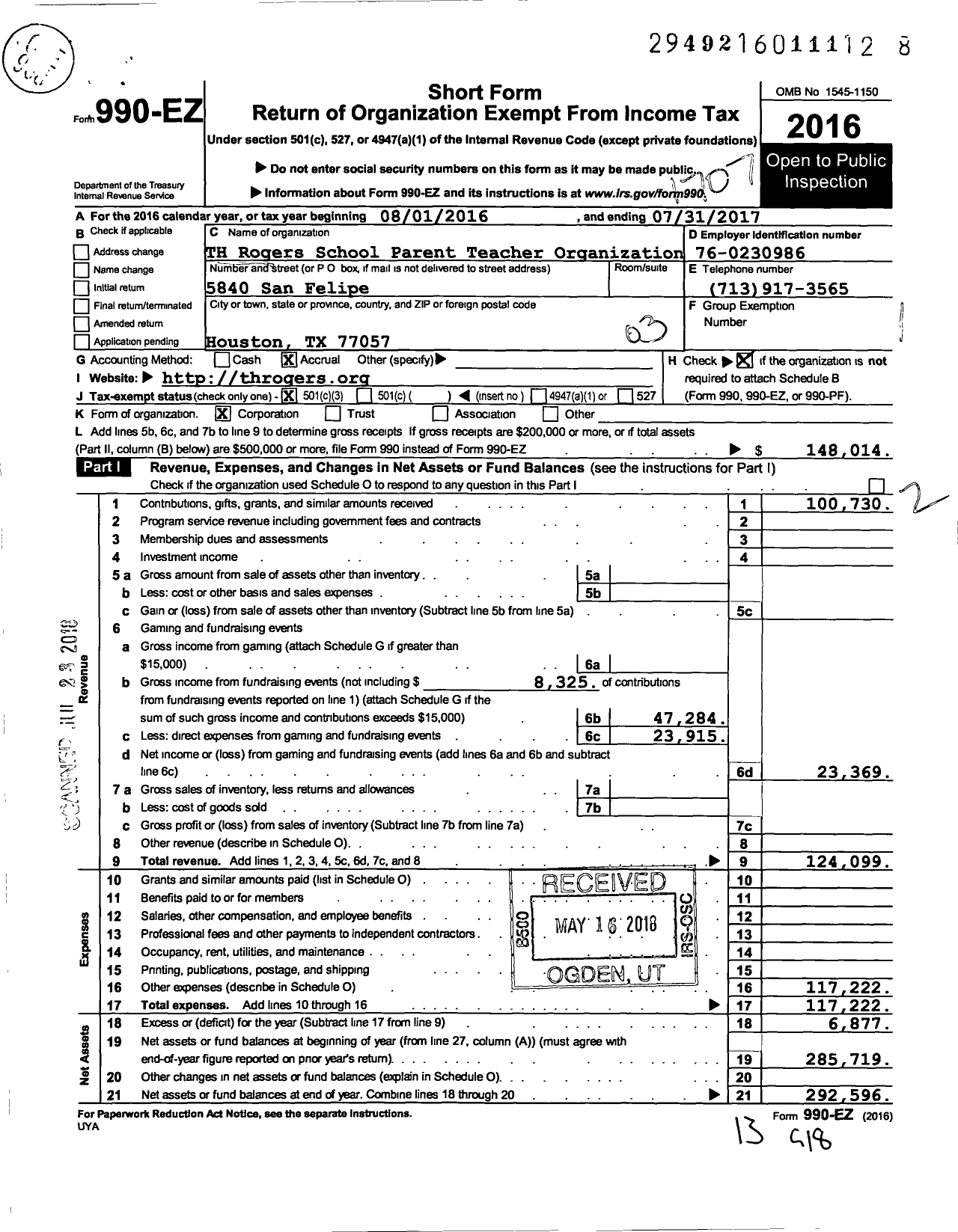 Image of first page of 2016 Form 990EZ for T H Rogers School Parent Teacher Organization