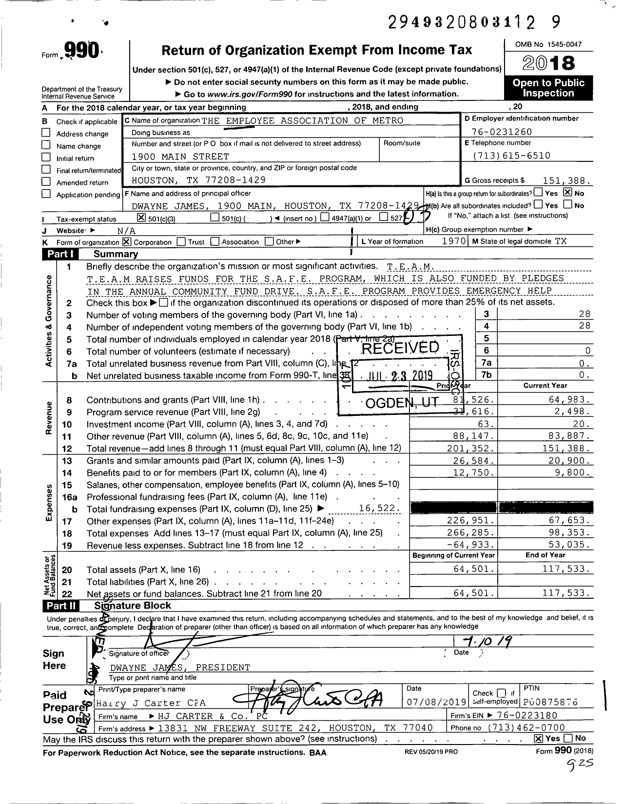 Image of first page of 2018 Form 990 for The Employee Association of Metro