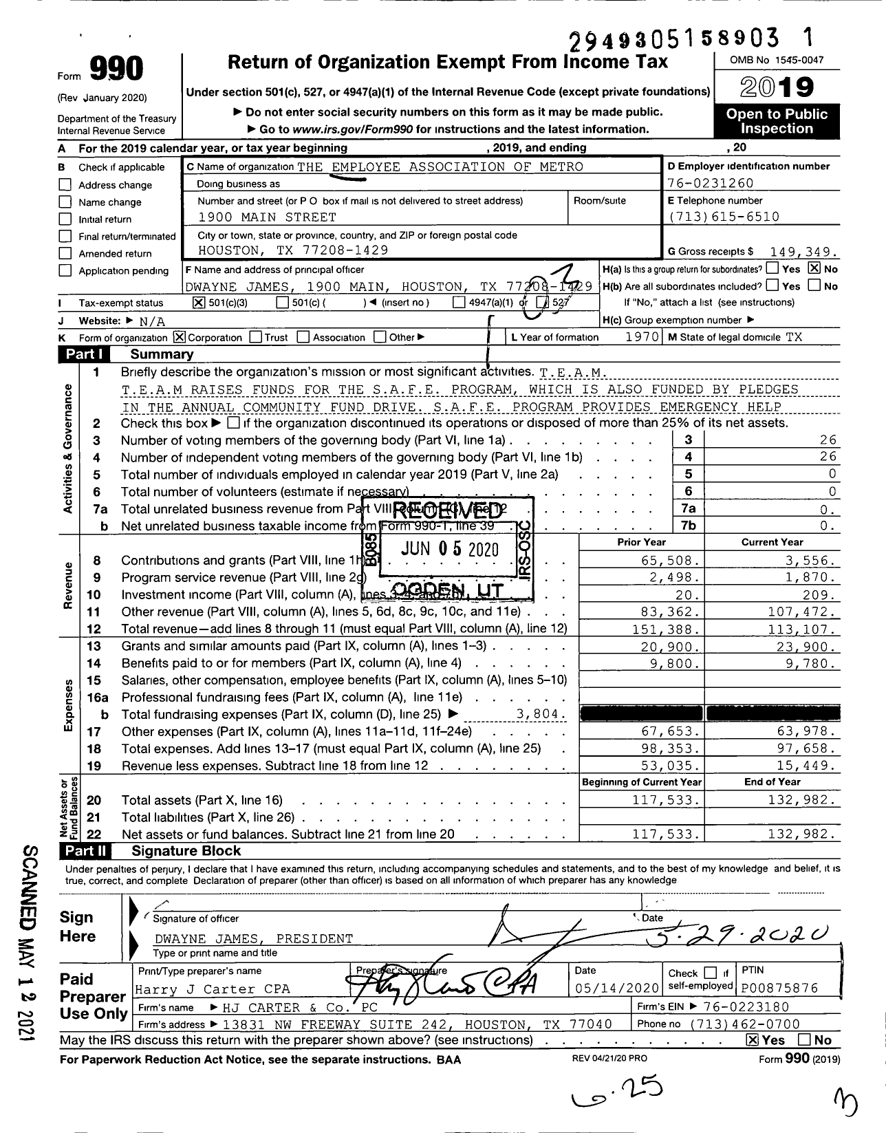 Image of first page of 2019 Form 990 for The Employee Association of Metro
