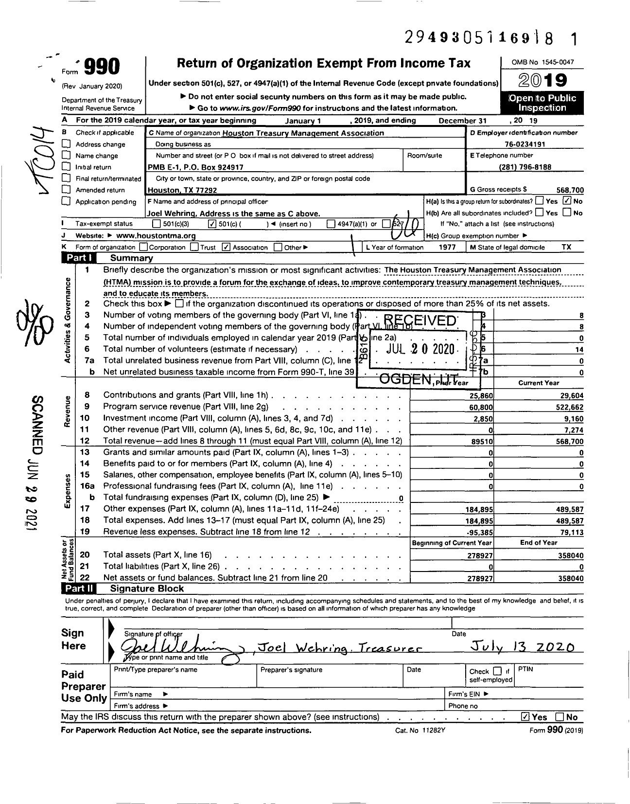 Image of first page of 2019 Form 990O for Houston Treasury Management Association