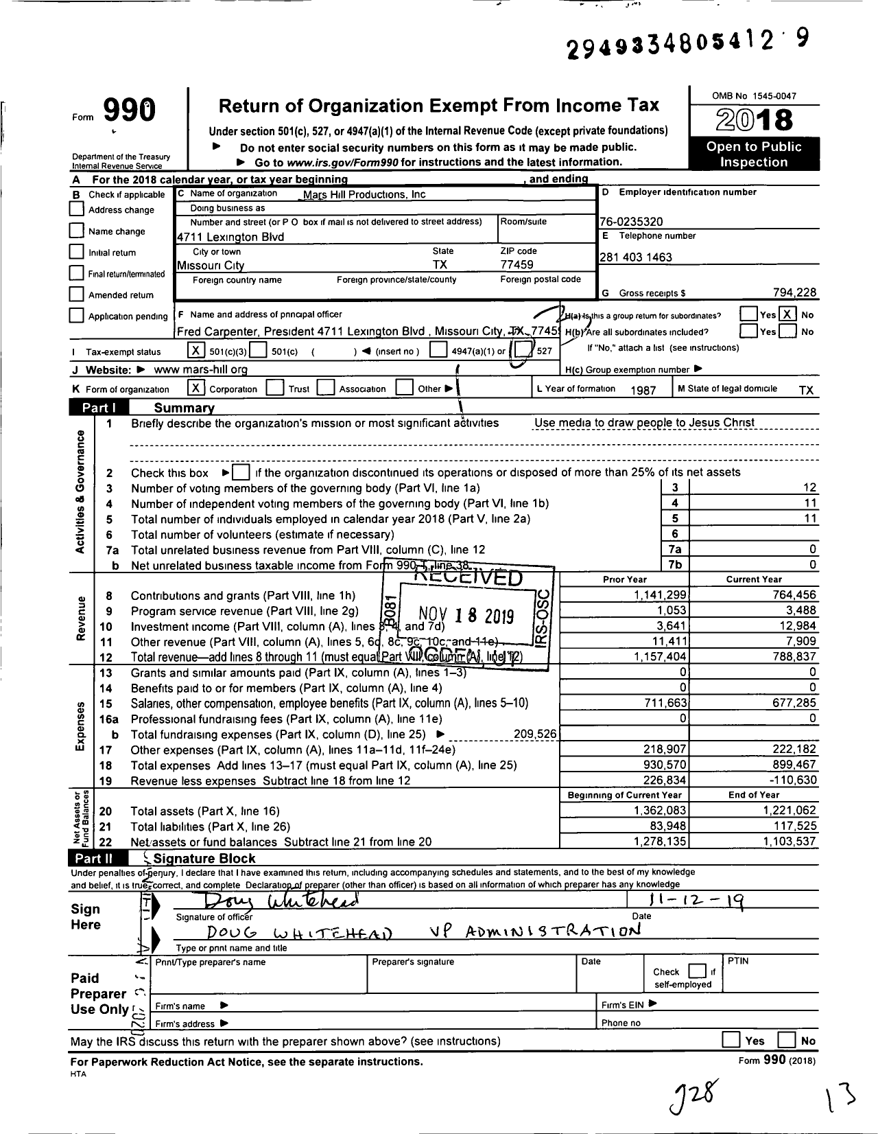 Image of first page of 2018 Form 990 for Mars Hill Productions