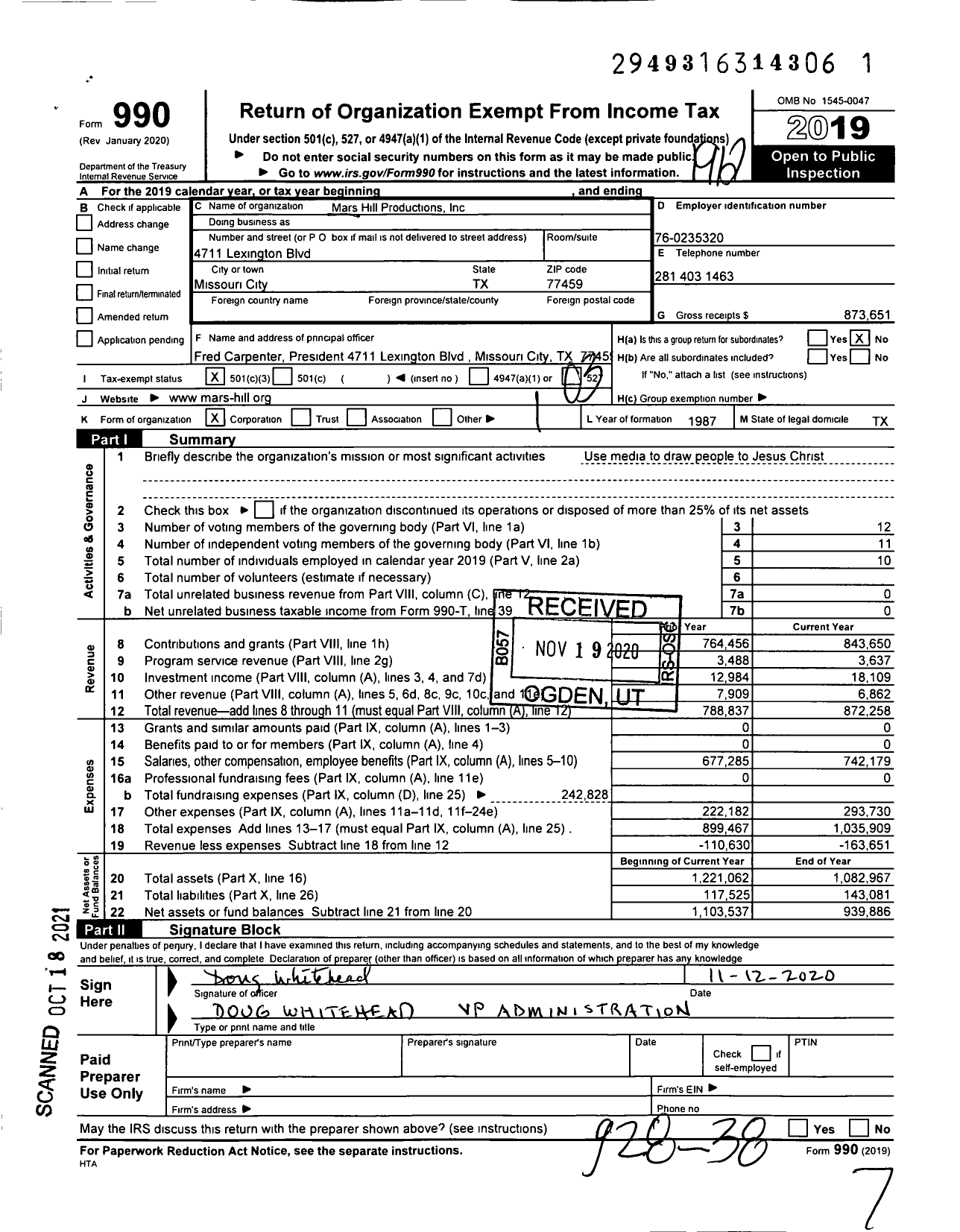 Image of first page of 2019 Form 990 for Mars Hill Productions