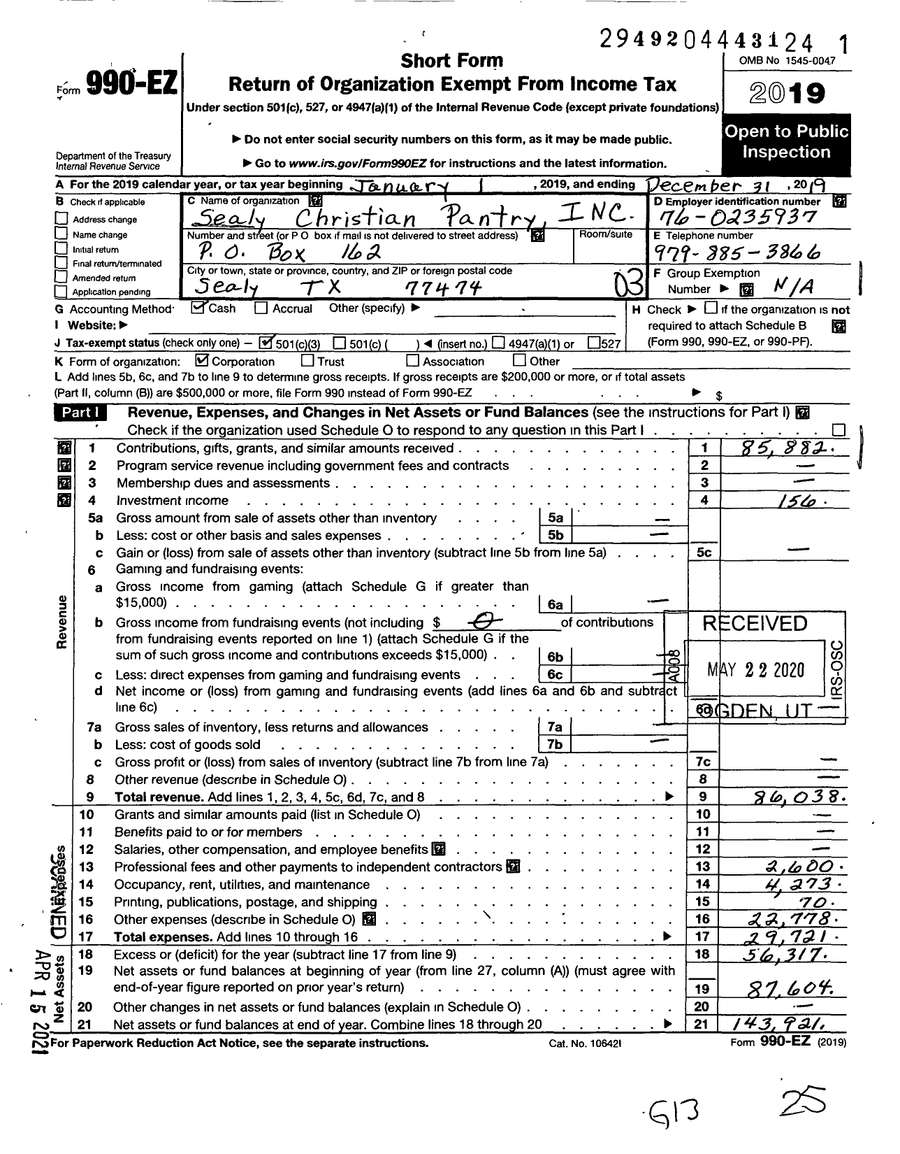 Image of first page of 2019 Form 990EZ for Sealy Christian Food Pantry