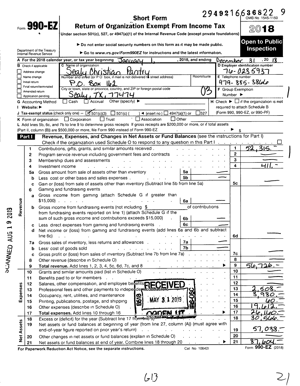 Image of first page of 2018 Form 990EZ for Sealy Christian Food Pantry