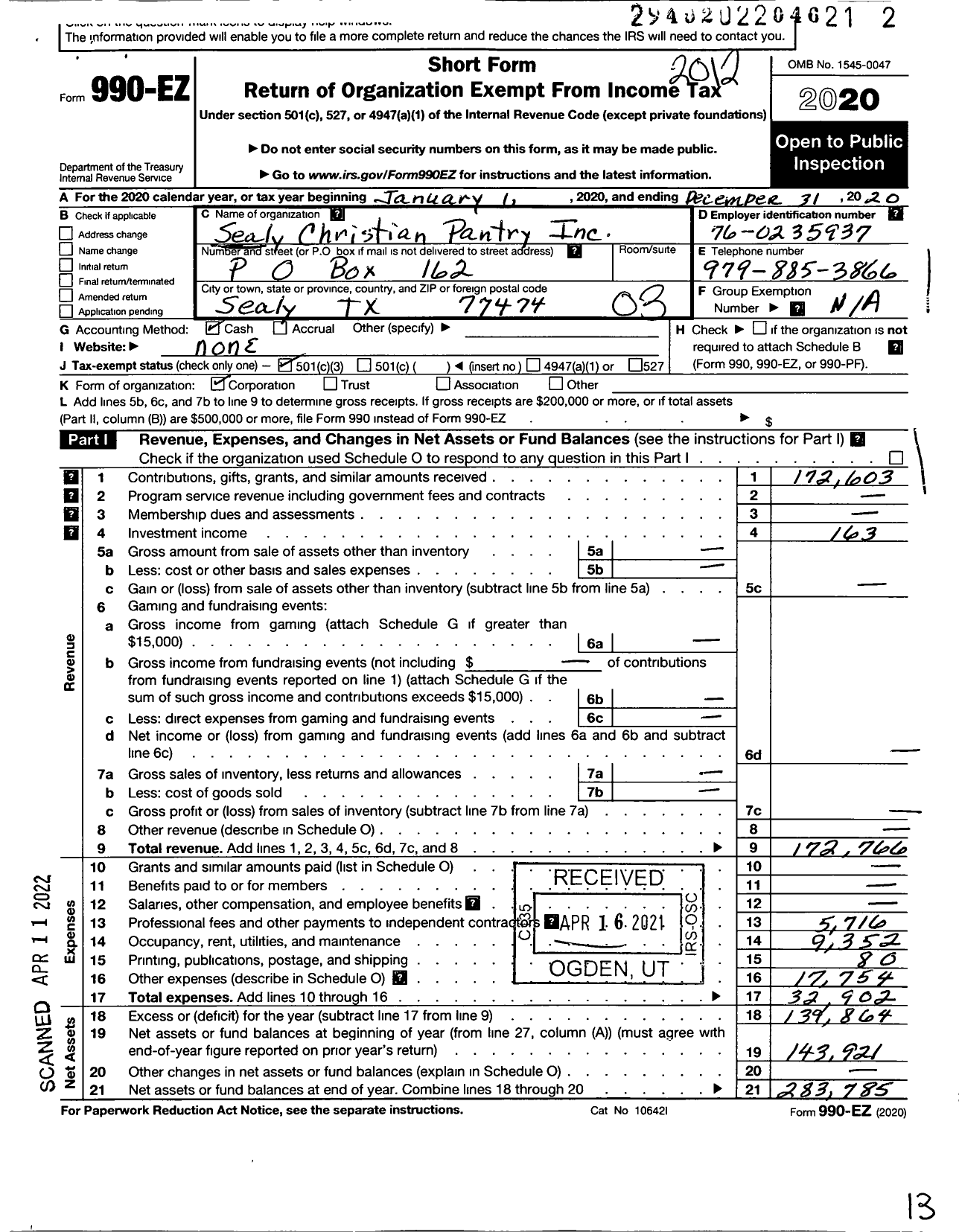 Image of first page of 2020 Form 990EZ for Sealy Christian Food Pantry