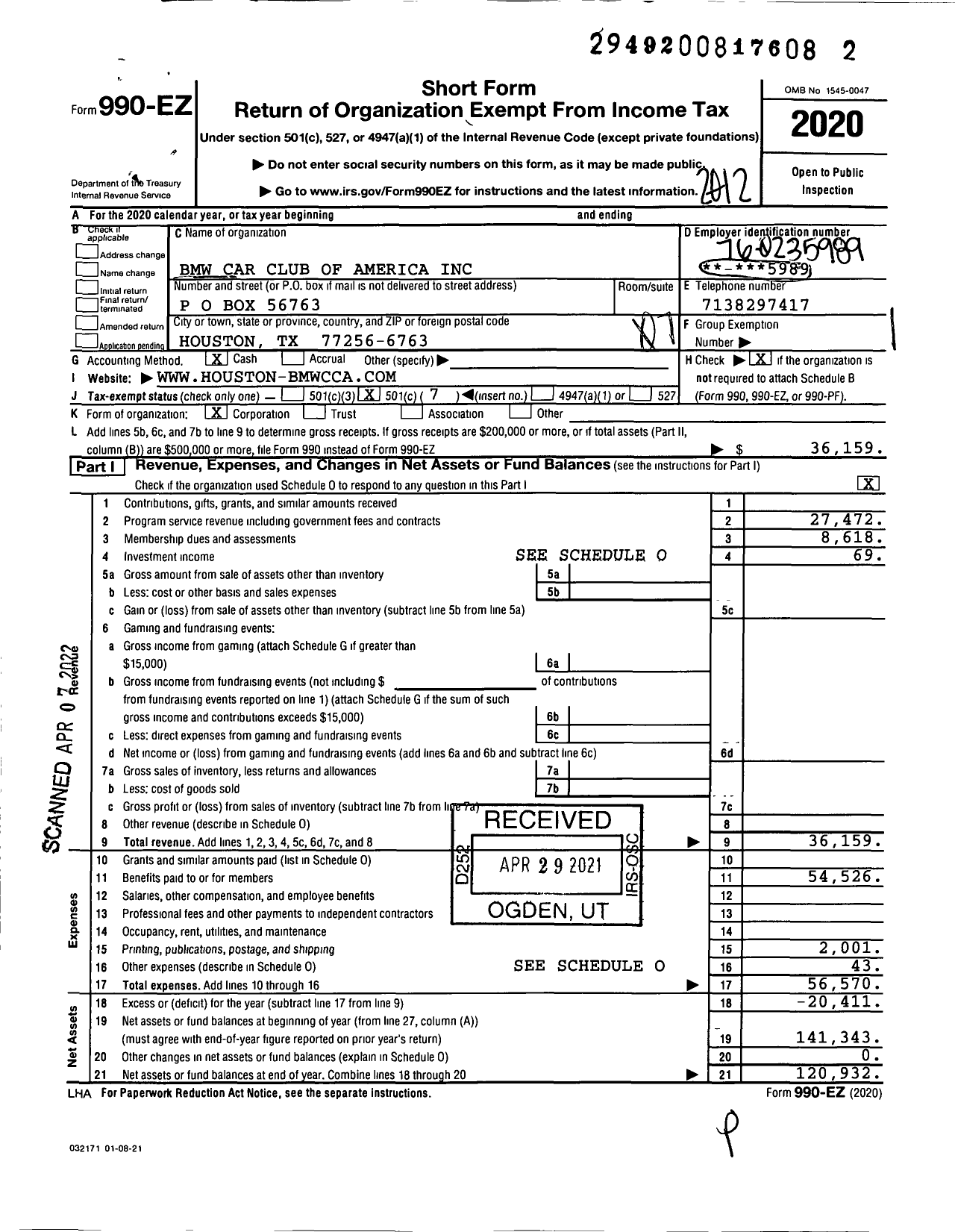 Image of first page of 2020 Form 990EO for BMW Car Club of America / Houston Chapter