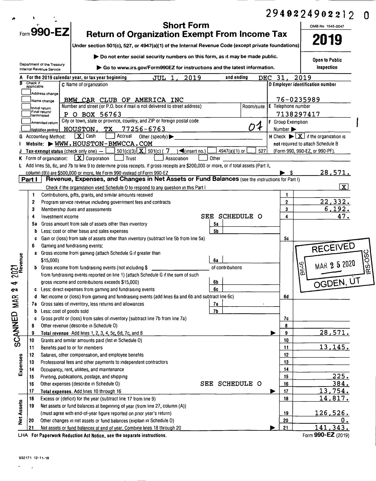 Image of first page of 2019 Form 990EO for BMW Car Club of America / Houston Chapter