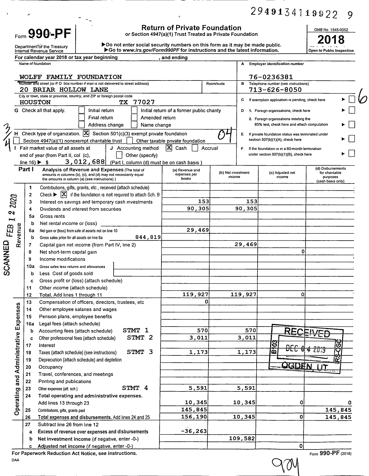 Image of first page of 2018 Form 990PF for Wolff Family Foundation