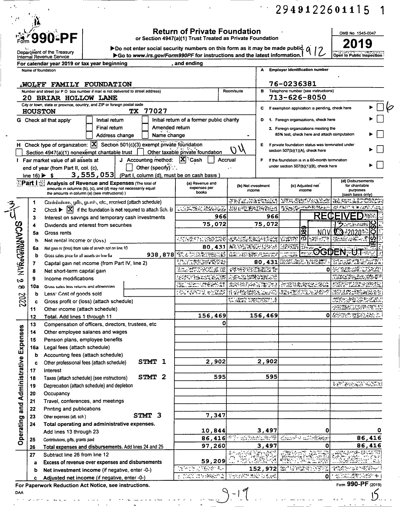 Image of first page of 2019 Form 990PF for Wolff Family Foundation